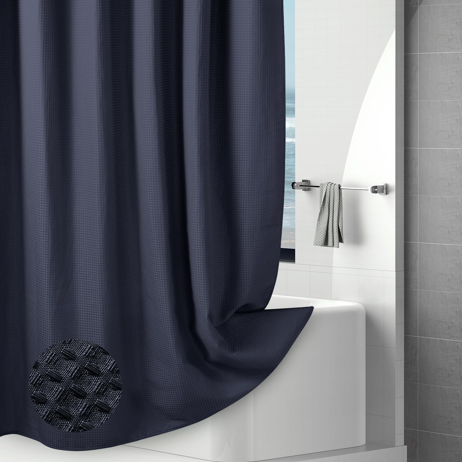 Jolof Store Navy Blue Waffle Shower Curtain – Heavy Duty Waterproof