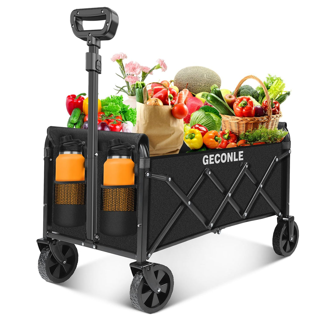 GECONLE Folding Trolley Cart – Collapsible Heavy Duty Wagon with Cup Holders