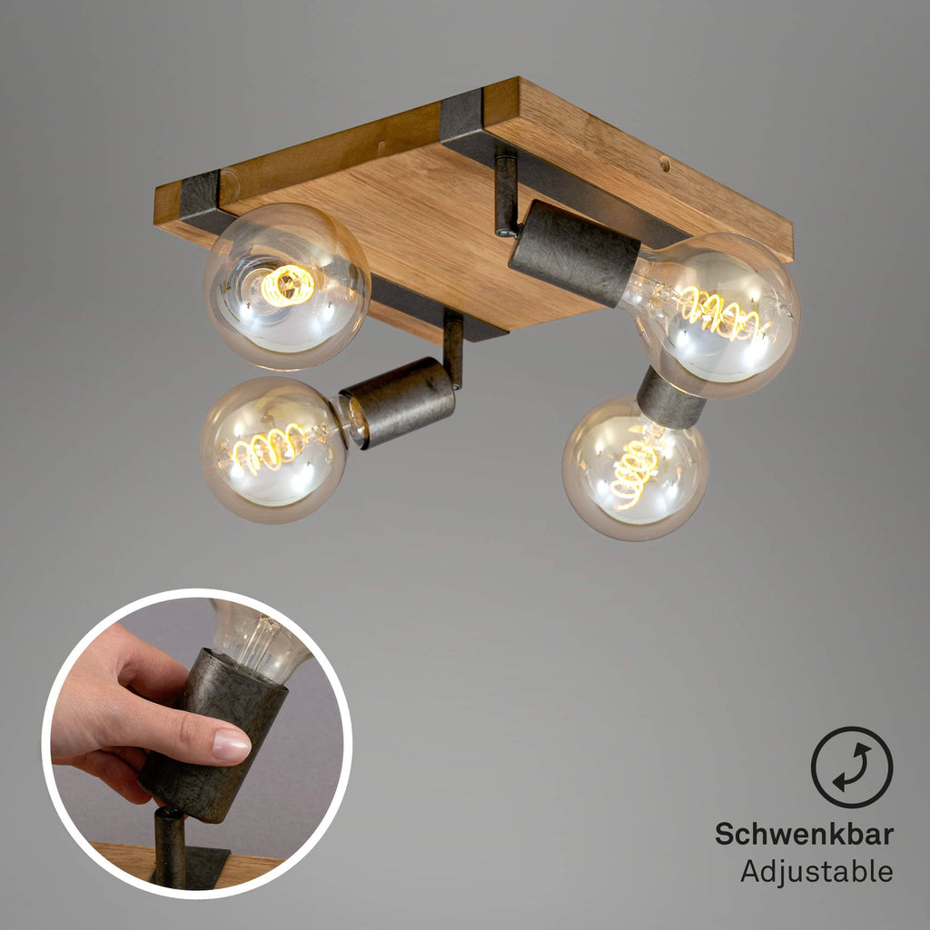 Briloner Vintage Ceiling Light – 4-Spot Rotatable Retro Lamp with Wood Base