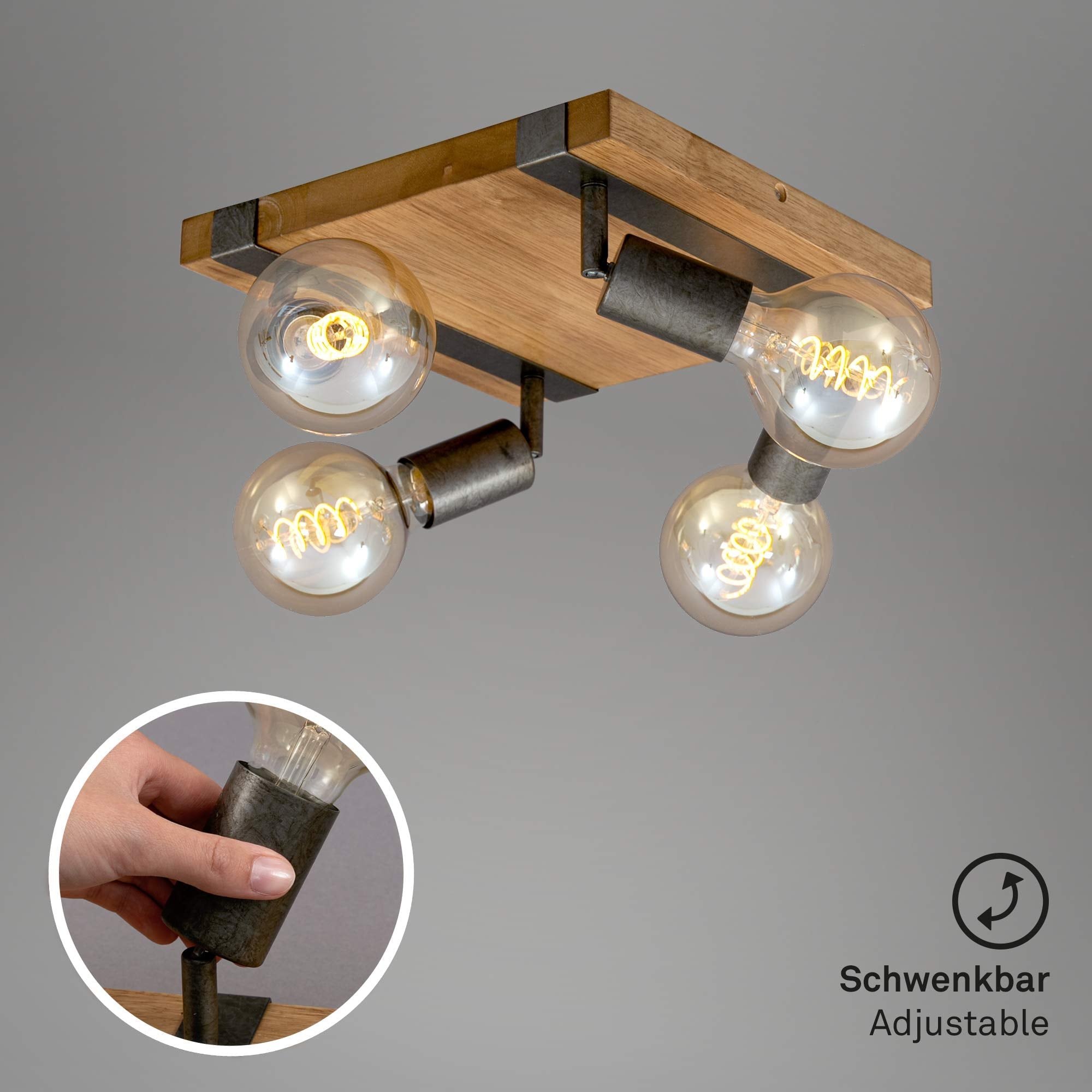 Briloner Vintage Ceiling Light – 4-Spot Rotatable Retro Lamp with Wood Base