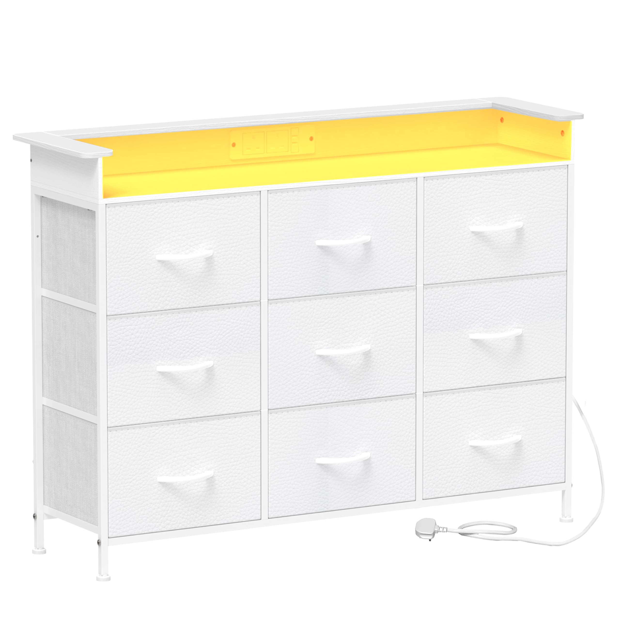 VEDECASA 9 Drawer Dresser with LED Lights and Charging Station - White