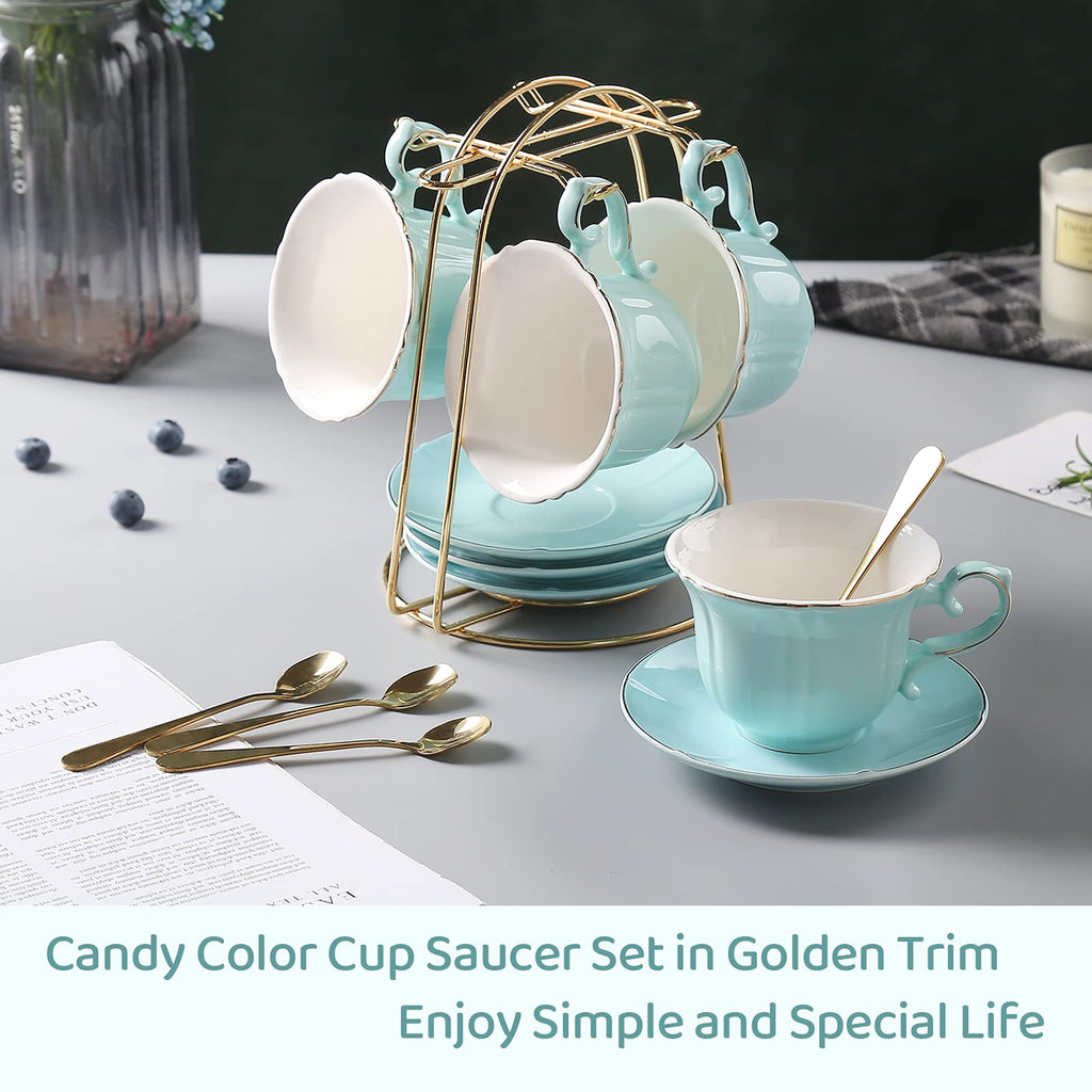 DUJUST Porcelain Tea Cups and Saucers Set of 4 with Stand - Nile Blue