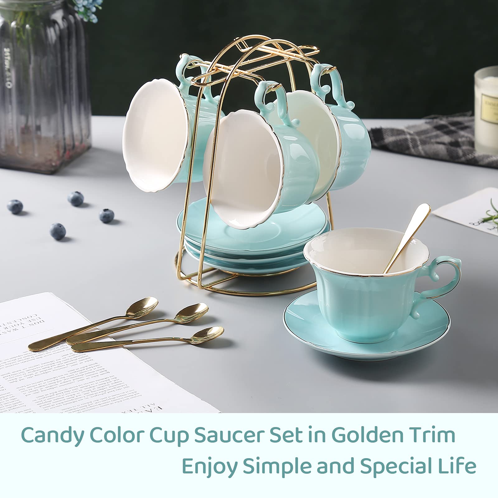 DUJUST Porcelain Tea Cups and Saucers Set of 4 with Stand - Nile Blue