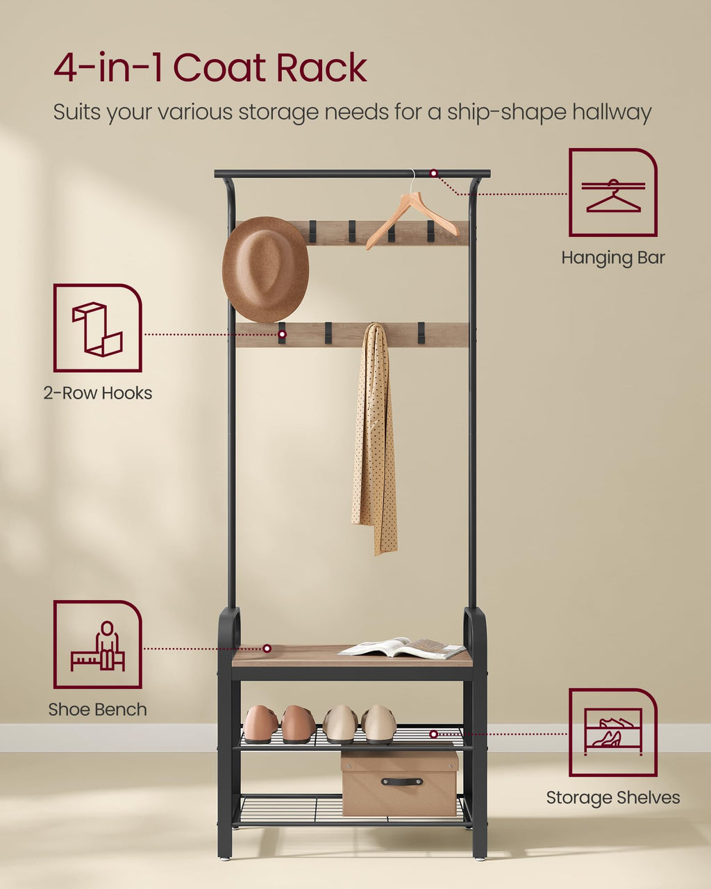 VASAGLE 4-in-1 Coat Rack with Shoe Storage Bench and 9 Hooks – Industrial