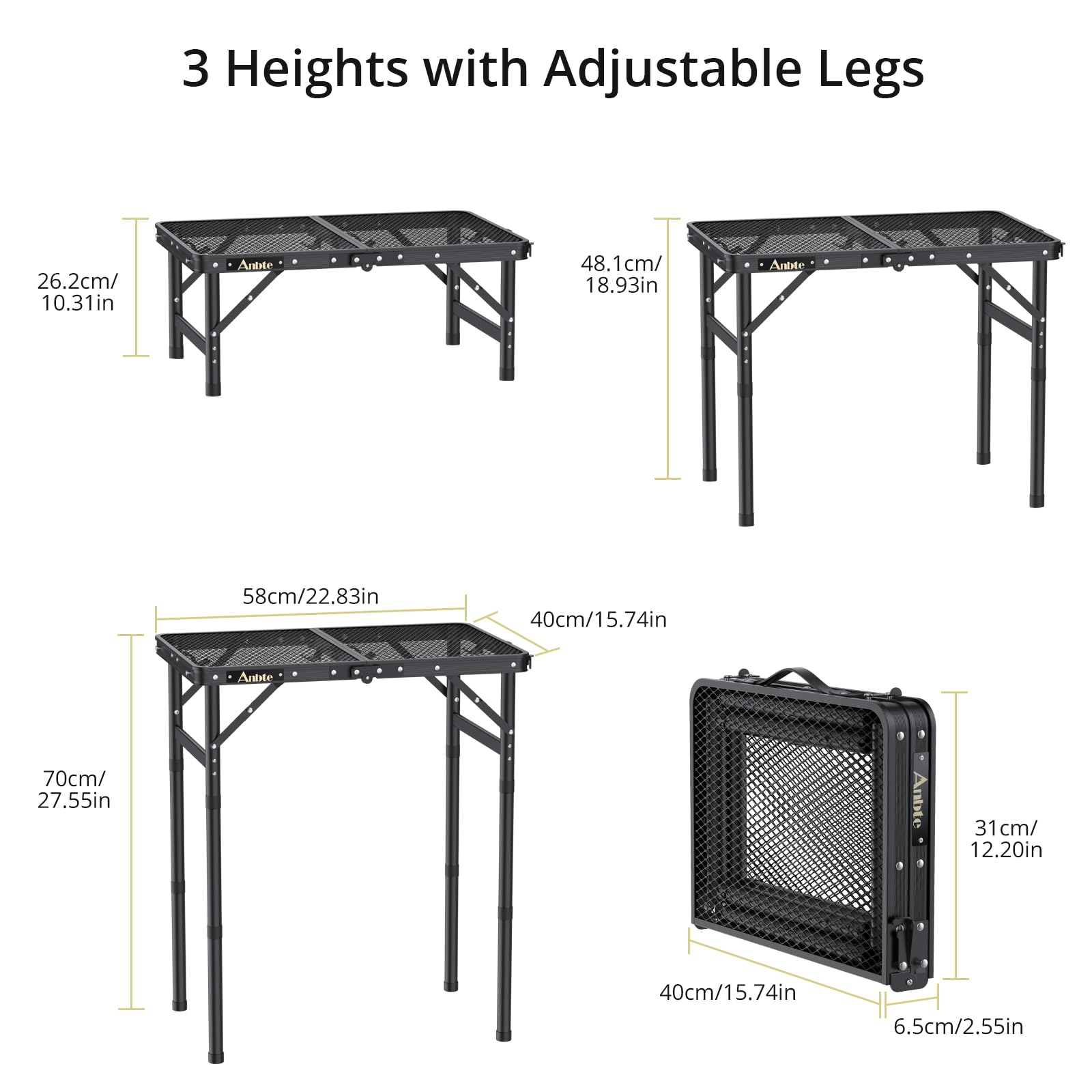 Anbte Folding Grill Table – 3 Adjustable Heights Heat-Resistant Mesh