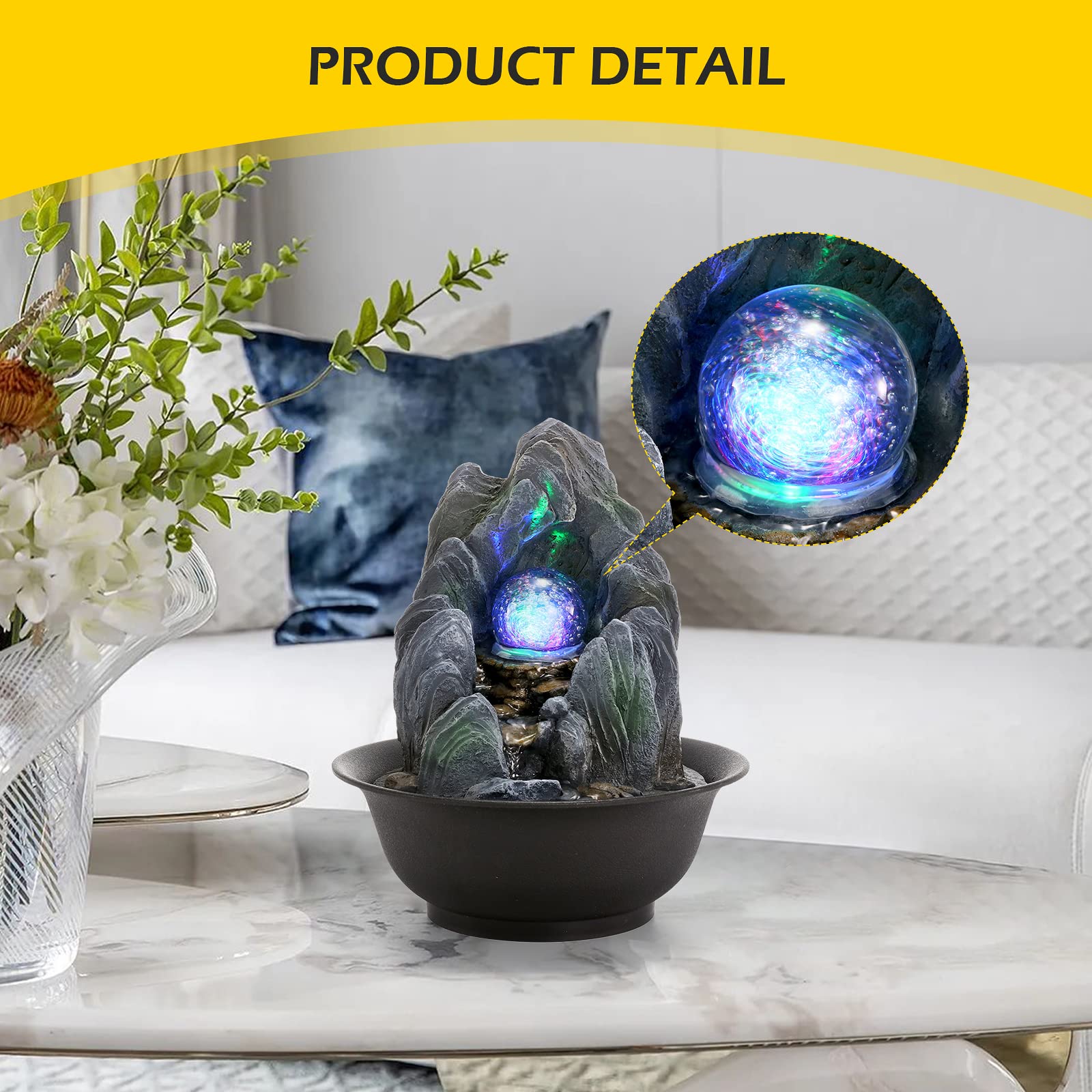 Dyna-Living Tabletop Water Fountain | LED Crystal Ball Rockery Feature