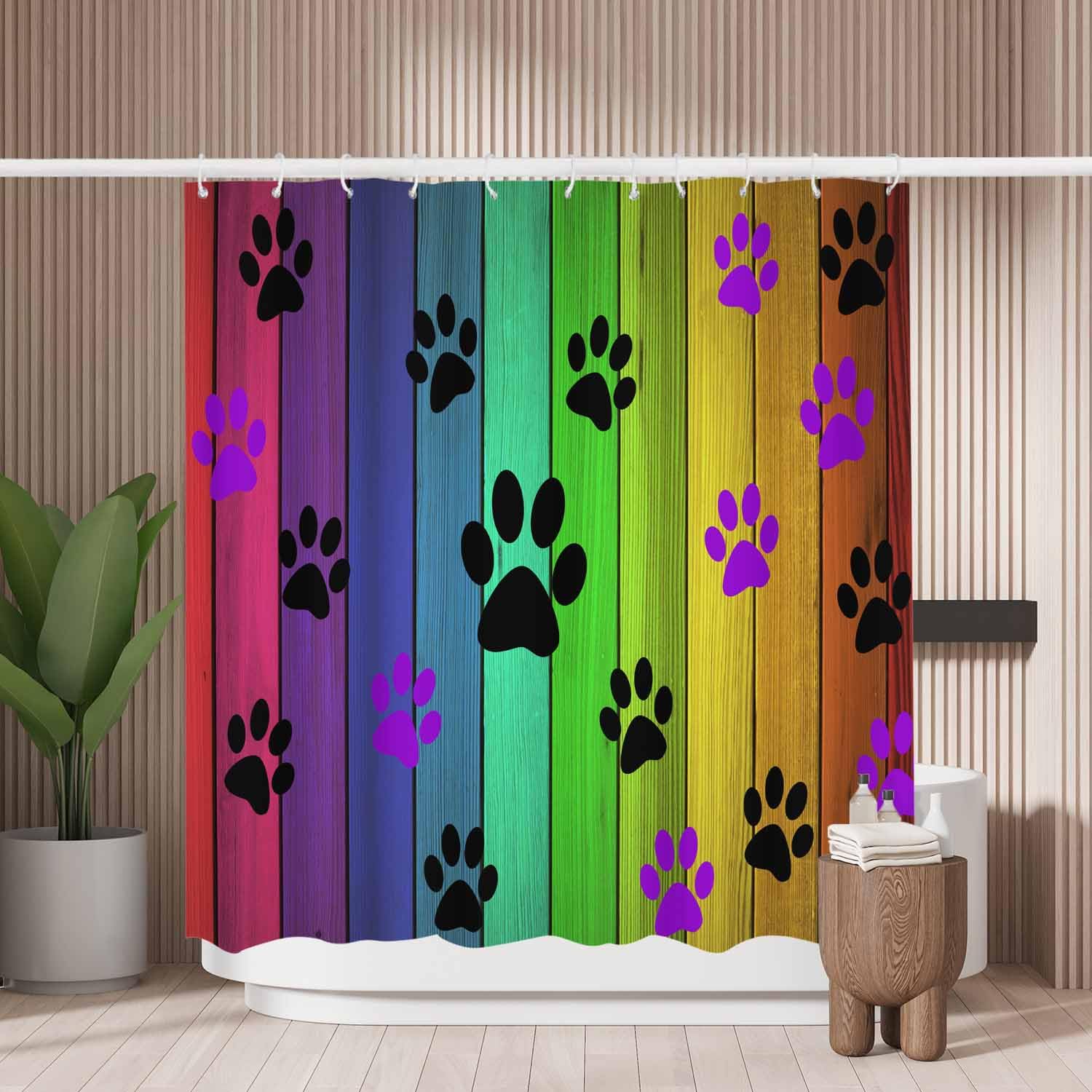 Rainbow Paw Shower Curtain – Waterproof Mold Resistant Fabric