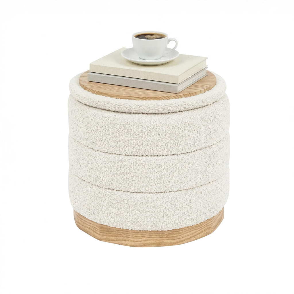 PINPLUS Round Chenille Storage Ottoman, Tray Top, 39x39x37 cm, Cream White