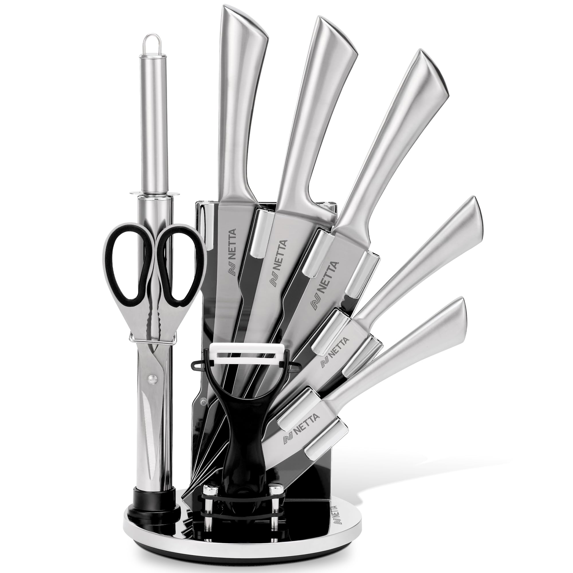 NETTA 8-Piece Stainless Steel Kitchen Knife Set with Clear Storage Block
