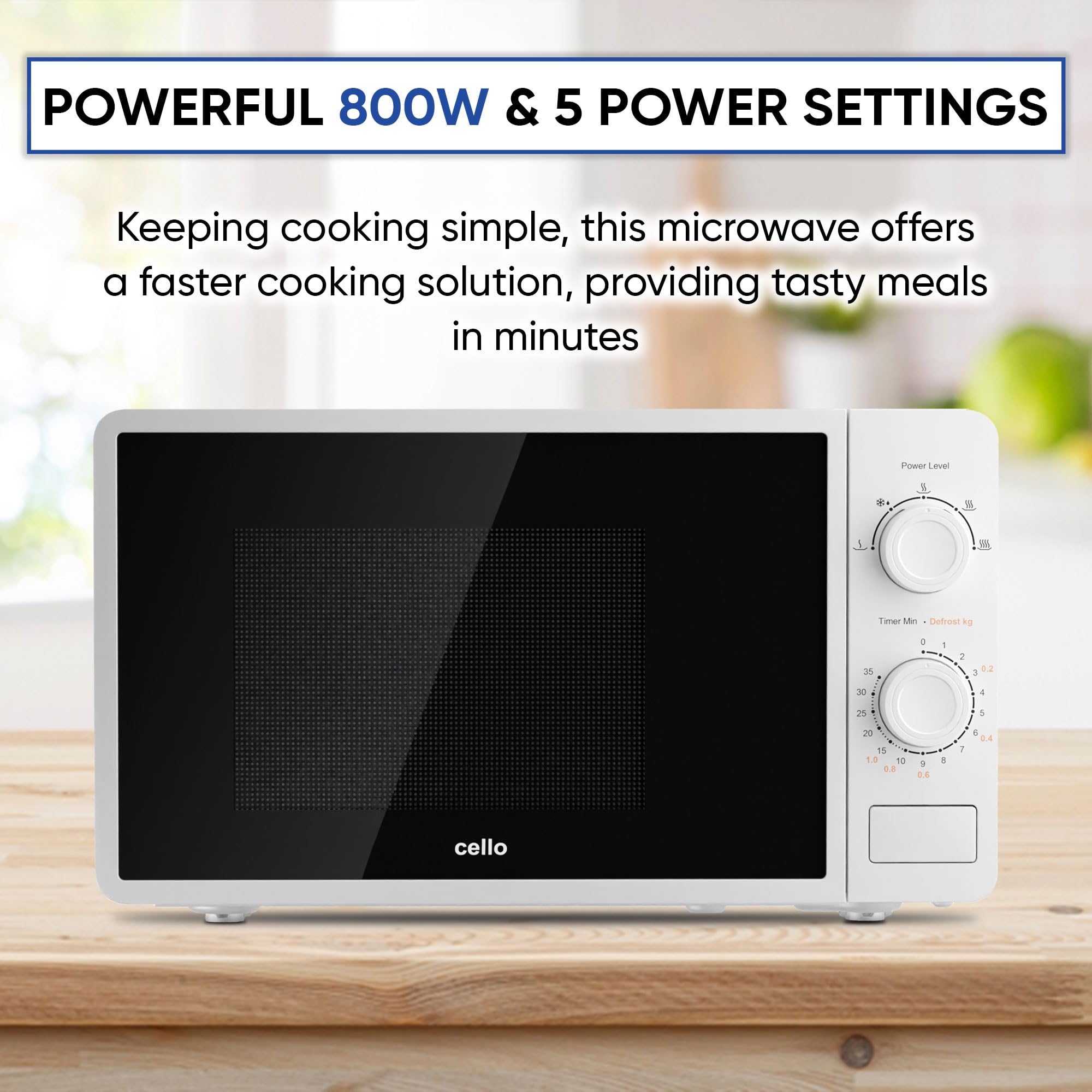 Cello 800W Microwave Oven | 20L Capacity with Defrost Function - White