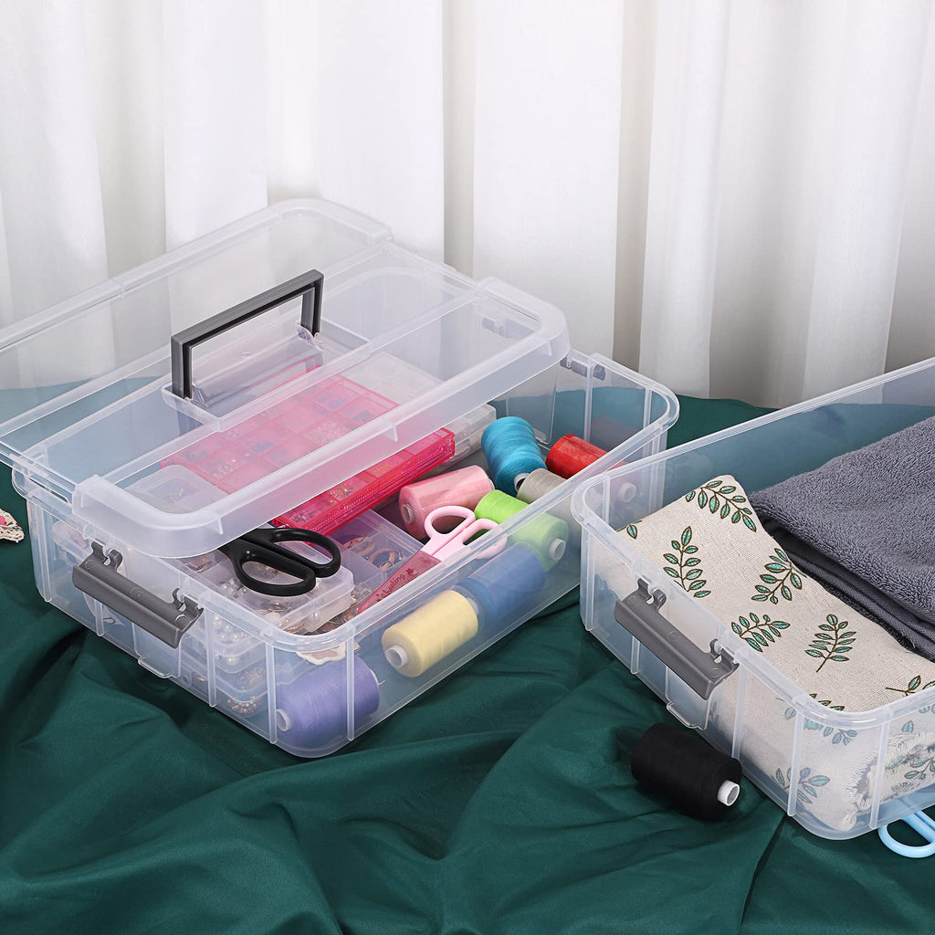 IGNPION 2-Tier Stackable Craft Storage Box Plastic Adjustable Storage Containers with Carry Handle Transparent Containers Organiser for Art & Craft - image 3