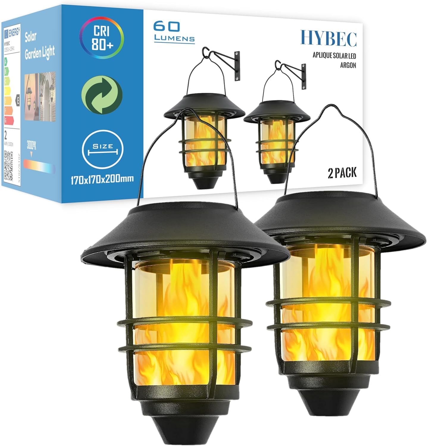 Hybec Argon Solar Wall Lantern – IP65 Waterproof Flame Effect Light