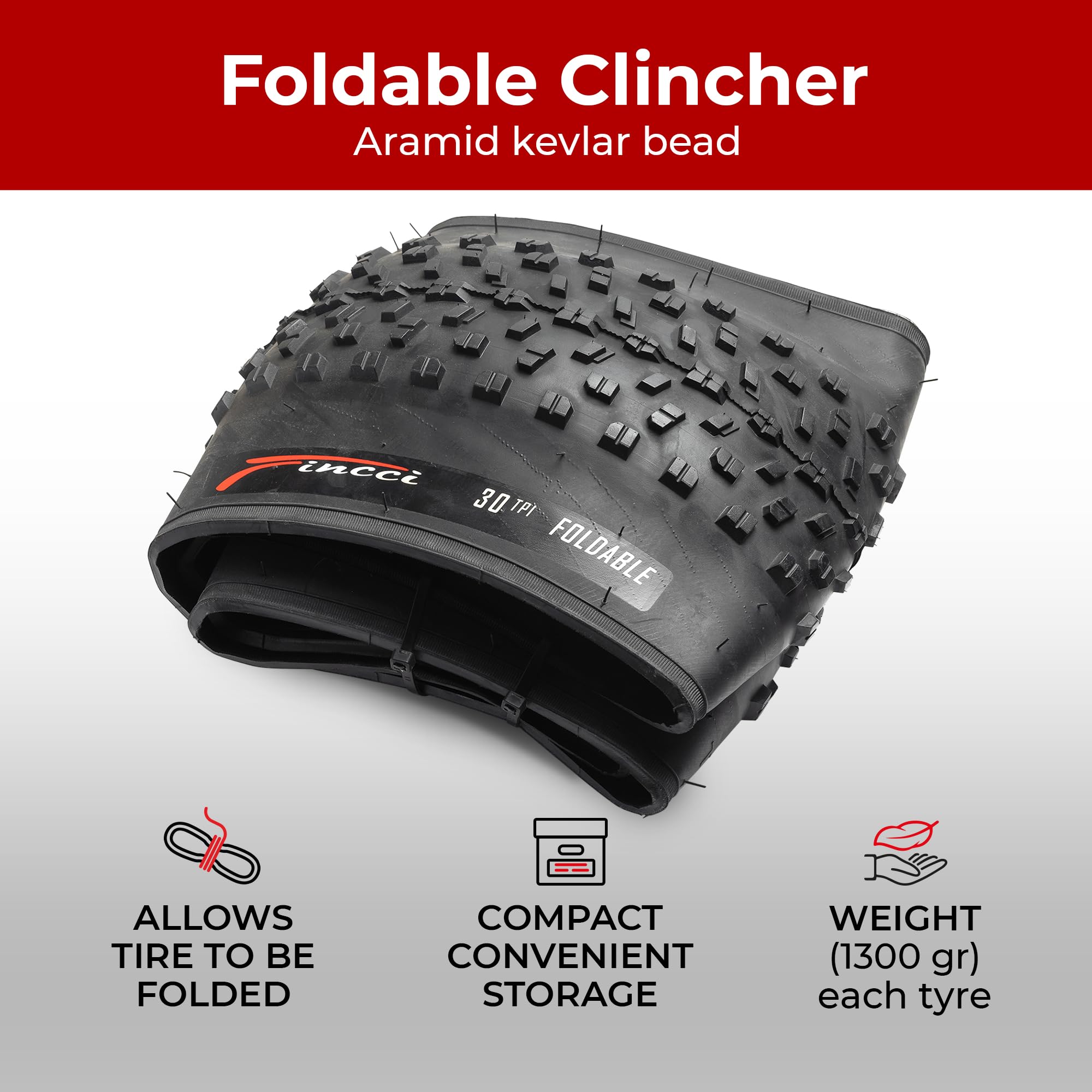 Fincci 26 x 4.0 Fat Bike Tyres - Foldable Pair for MTB & E-Bikes