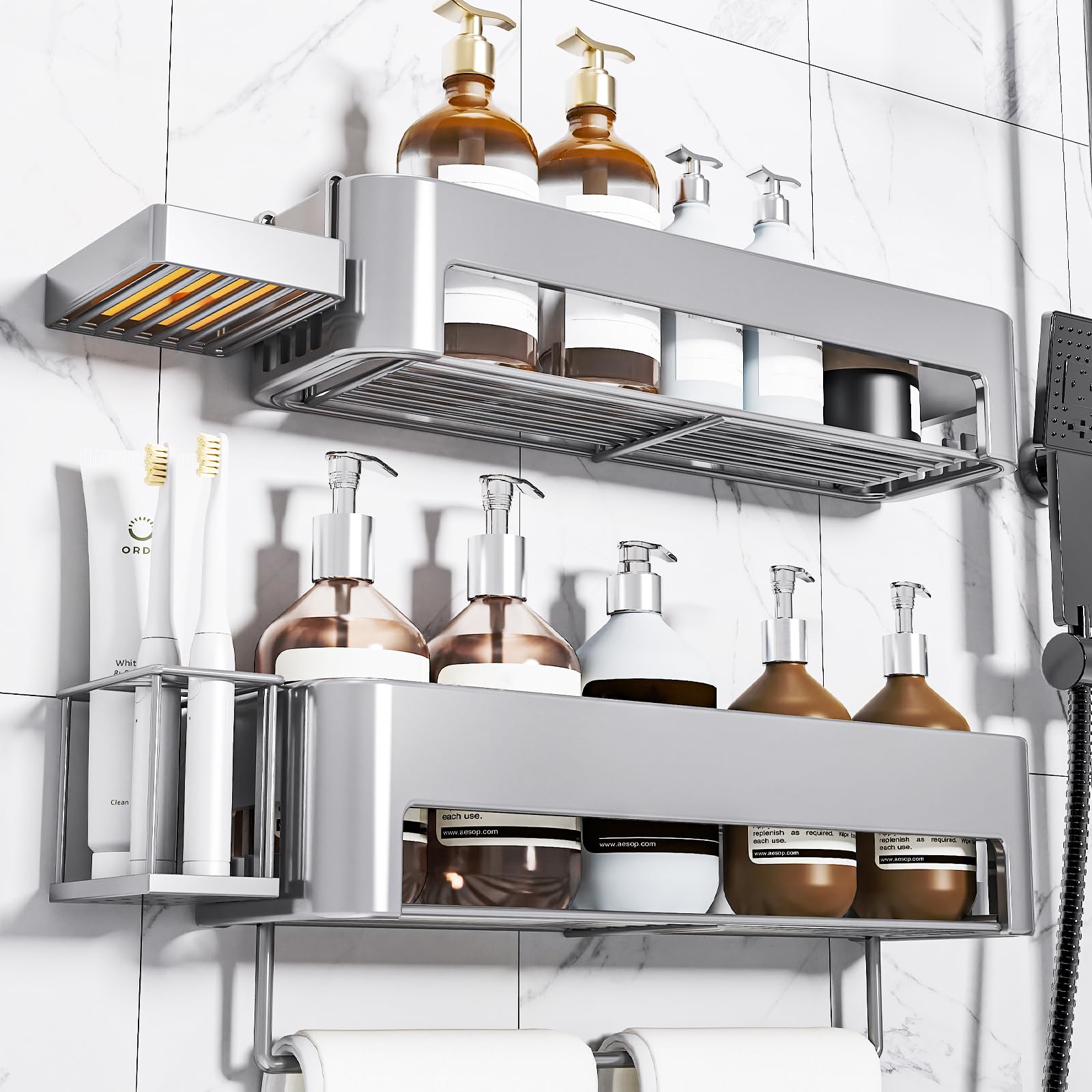 necvha Adhesive Shower Caddy – 4 Pack Rustproof Bathroom Shelf (Grey)