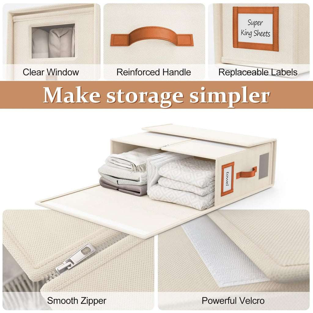Starhot Bed Sheet Organiser, 6 Pack King Size Linen Storage Box with Handle, Foldable Bedding Storage Organiser with Clear Window & Labels for - image 3