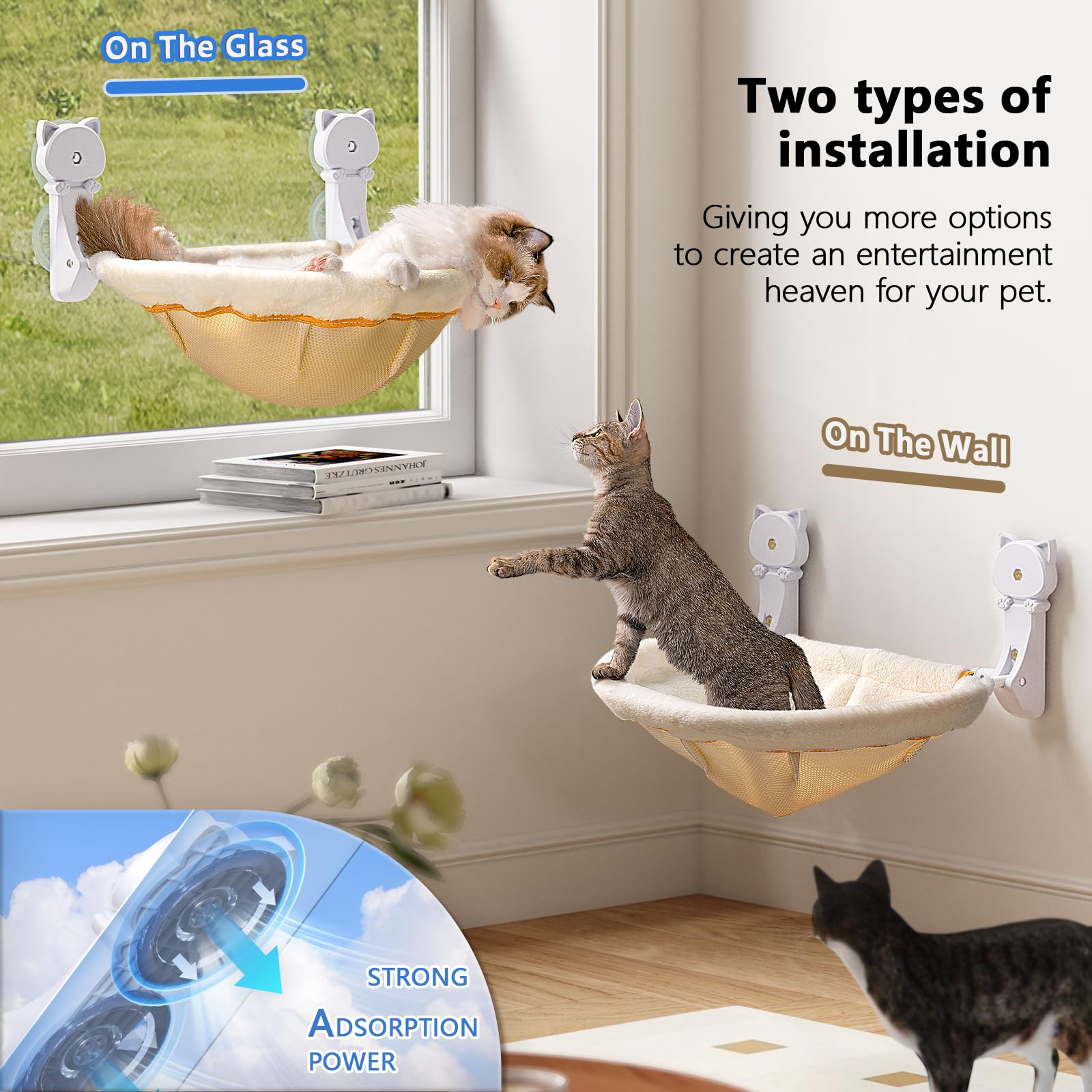 JUNSPOW Cat Window Perch | Foldable Cordless Hammock Bed - 40lb Hold