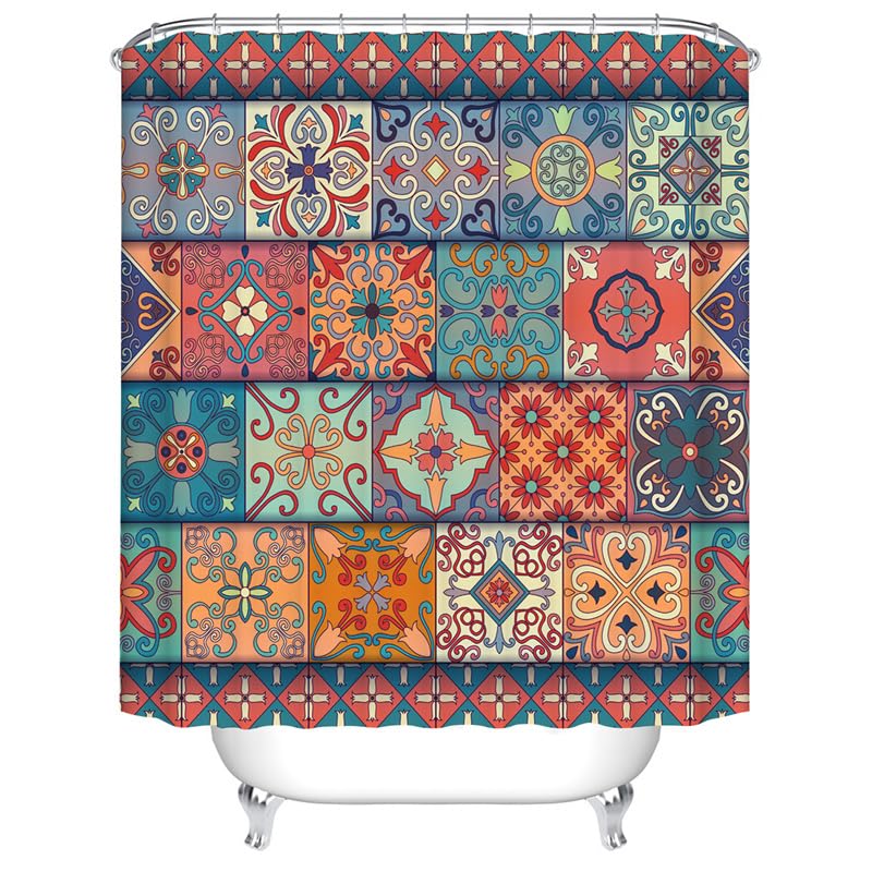 Moroccan Patchwork Shower Curtain | Boho Floral Polyester 72x72