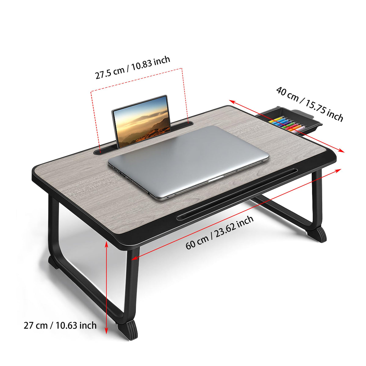 Lap Desk, Bed Table with Drawer, for Laptop, Reading, Writing, Eating & Watching Movies on Bed, Sofa, or Floor, Office and Home Grey