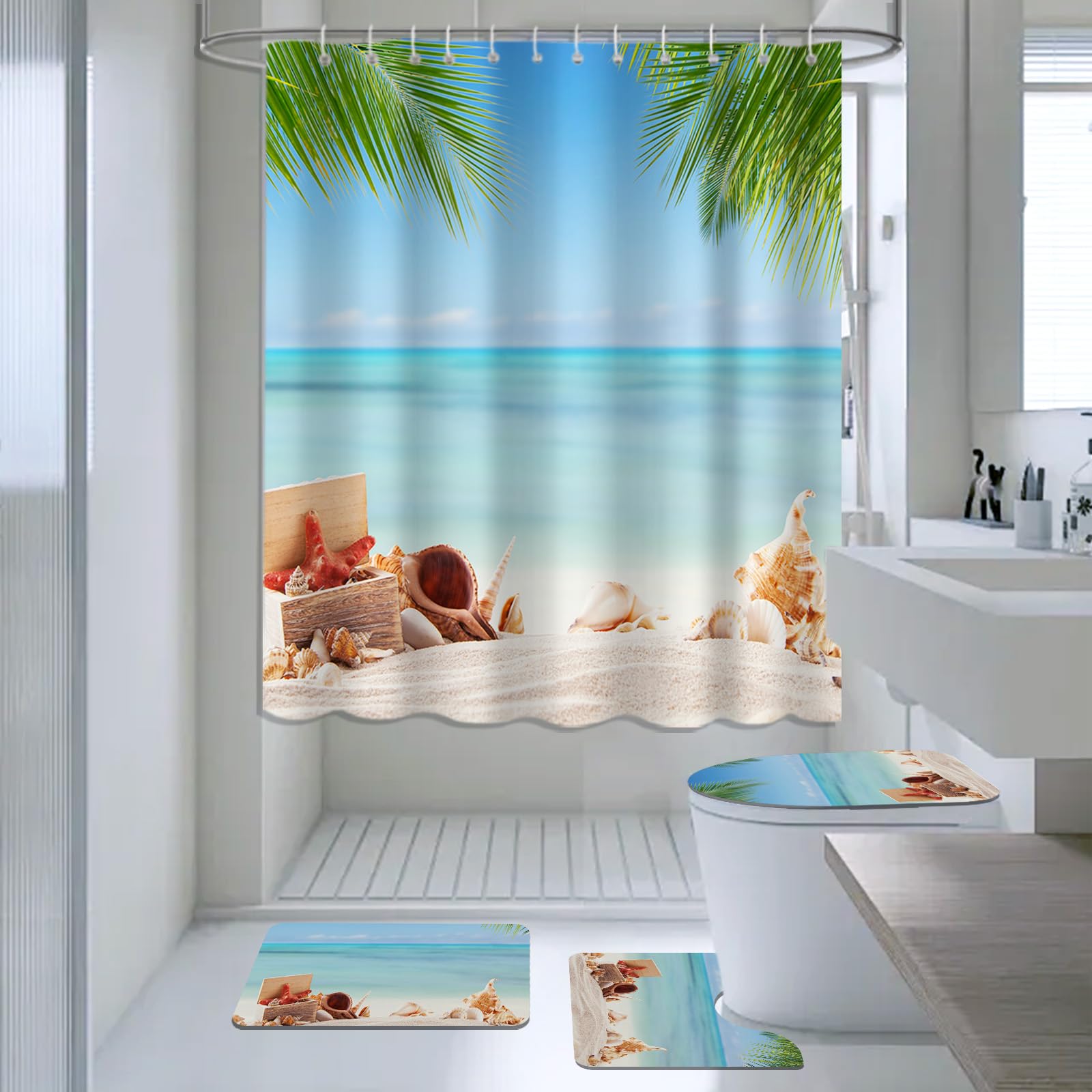 AIBIIN 4-Piece Ocean Beach Shower Curtain Set | Blue Sea & Palm Tree Decor