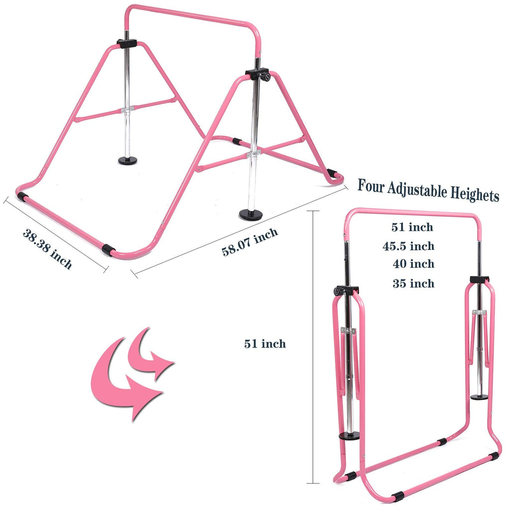 Kids Gymnastics Bar with Flying Rings - Adjustable Pink Gym Bar