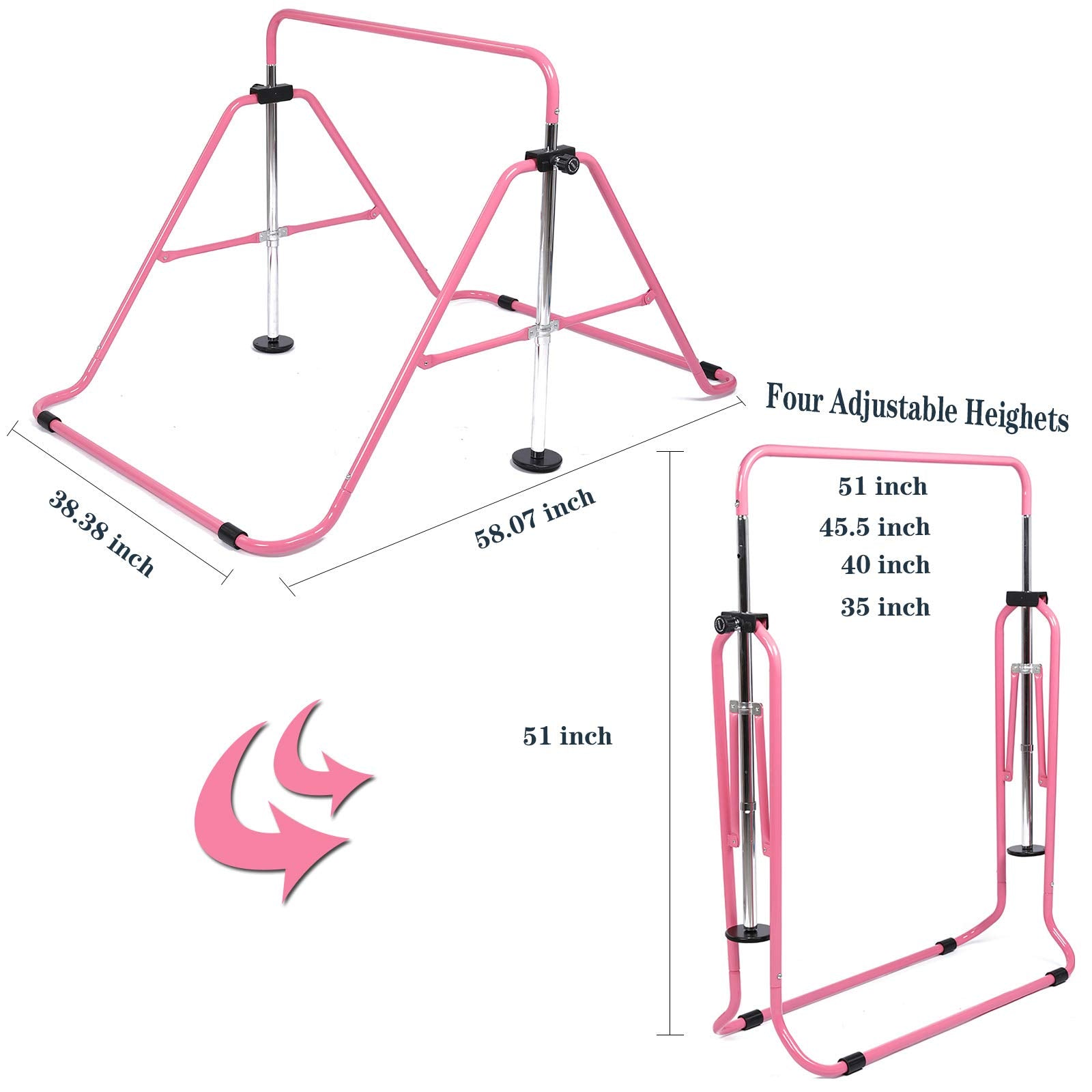 Kids Gymnastics Bar with Flying Rings - Adjustable Pink Gym Bar
