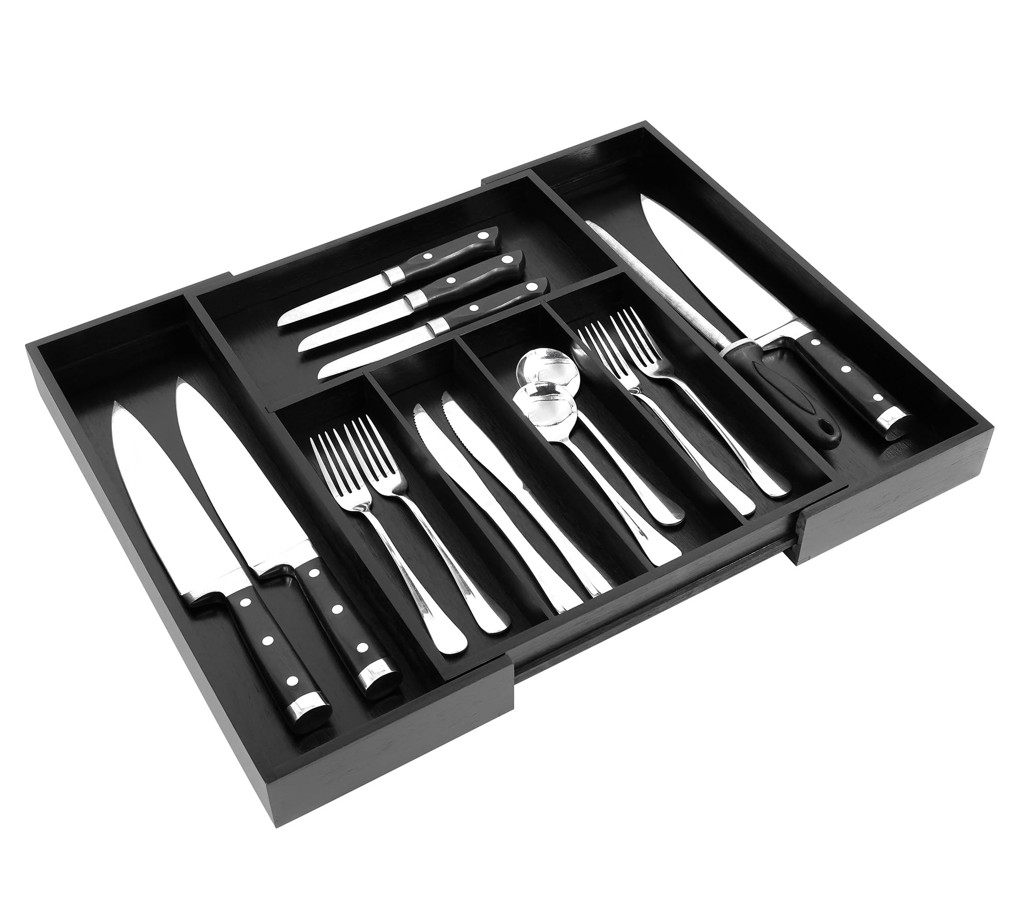 VaeFae Expandable Bamboo Drawer Organizer | 5-7 Slot Cutlery Tray - Black