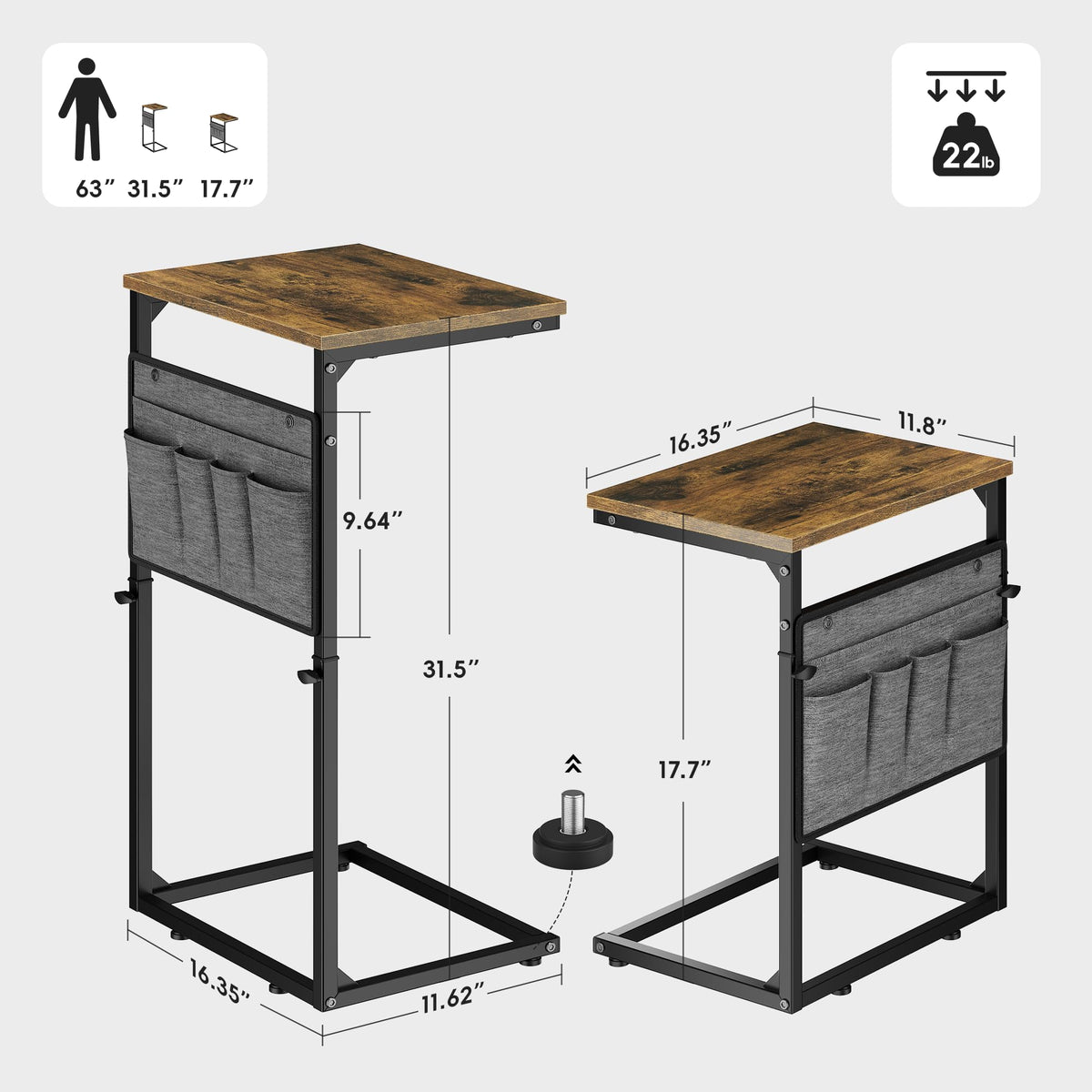 Vagusicc C-Shaped Side Table, Height Adjustable Sofa Side Table, Bedside Table with Cloth Storage Bag, C Table, End Table for Small Spaces - image 3