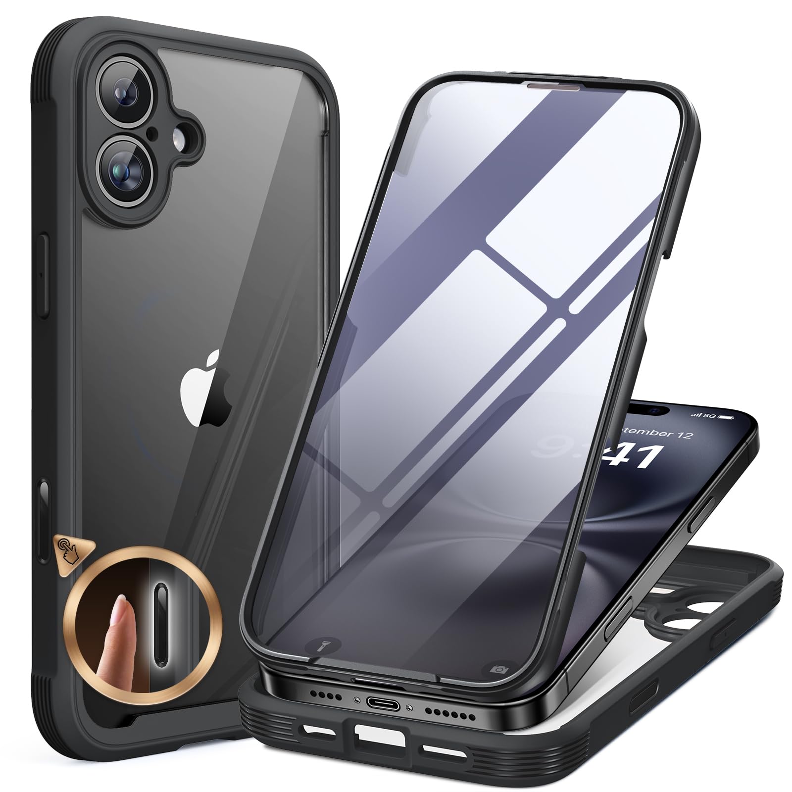 Miracase iPhone 16 Case | Full Body Bumper with Screen Protector - Black
