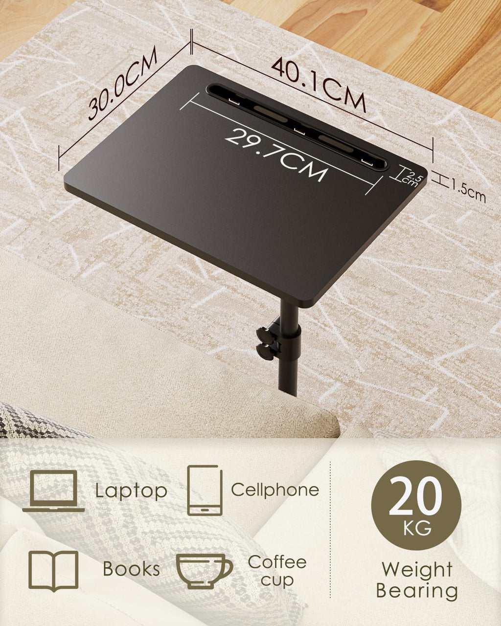 HEYZOEY C-Shaped Side Table Adjustable, 360° Swivel Sofa End Table, 40x30x45-83cm, Small Coffee Table, Bedside Table for Living Room, Bedroom Black