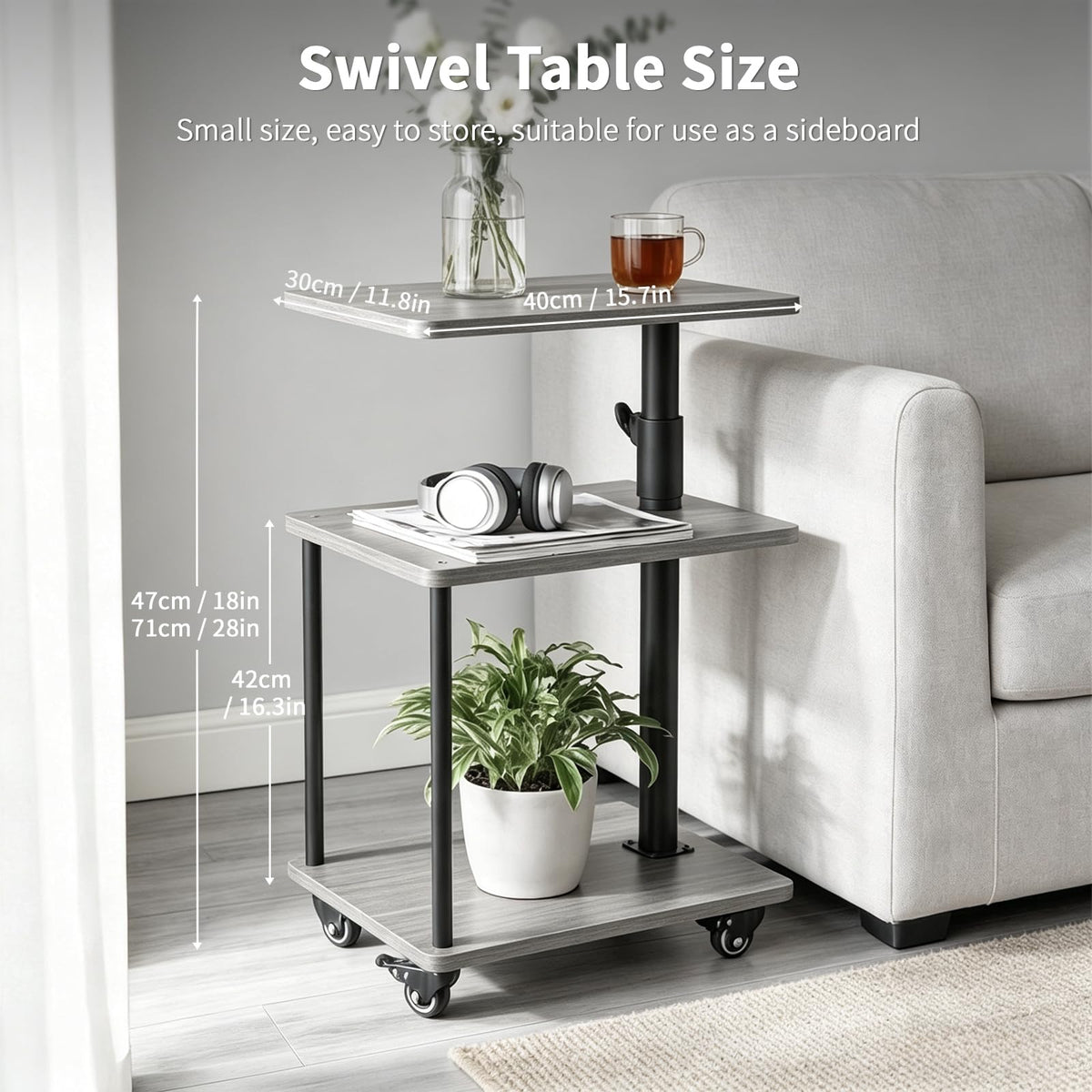 Bingyouth Side Table with Wheels, Height Adjustable Sofa Table with 360° Swivel Top, 3 Tier Bedside Table for Living Room, Bedroom and Small Spaces - image 2