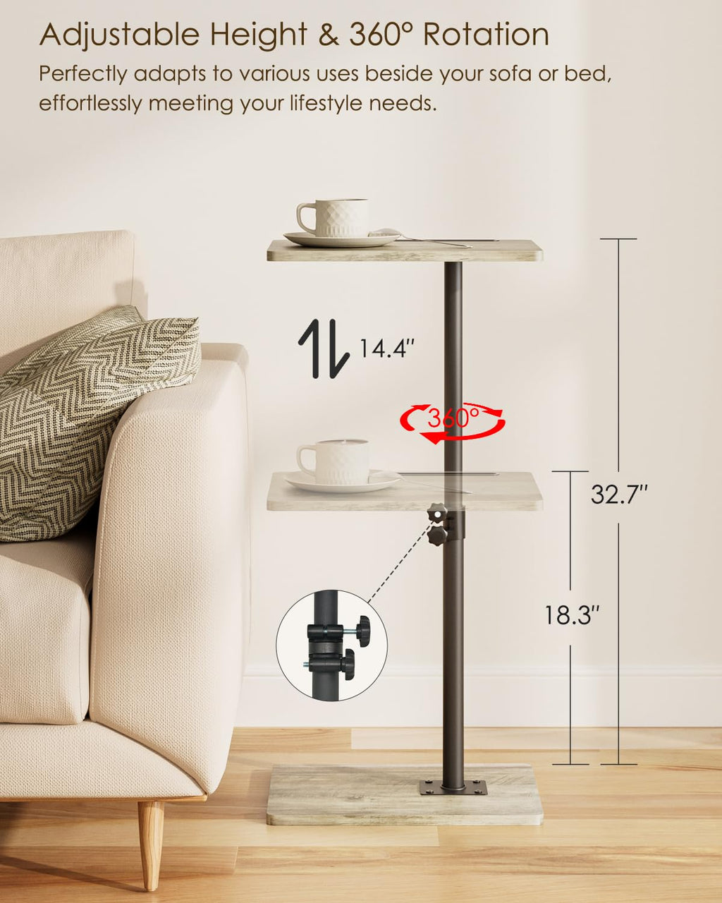 HEYZOEY C-Shaped Side Table Adjustable, 360° Swivel Sofa End Table, 40x30x45-83cm, Small Coffee Table, Bedside Table for Living Room, Bedroom Grey