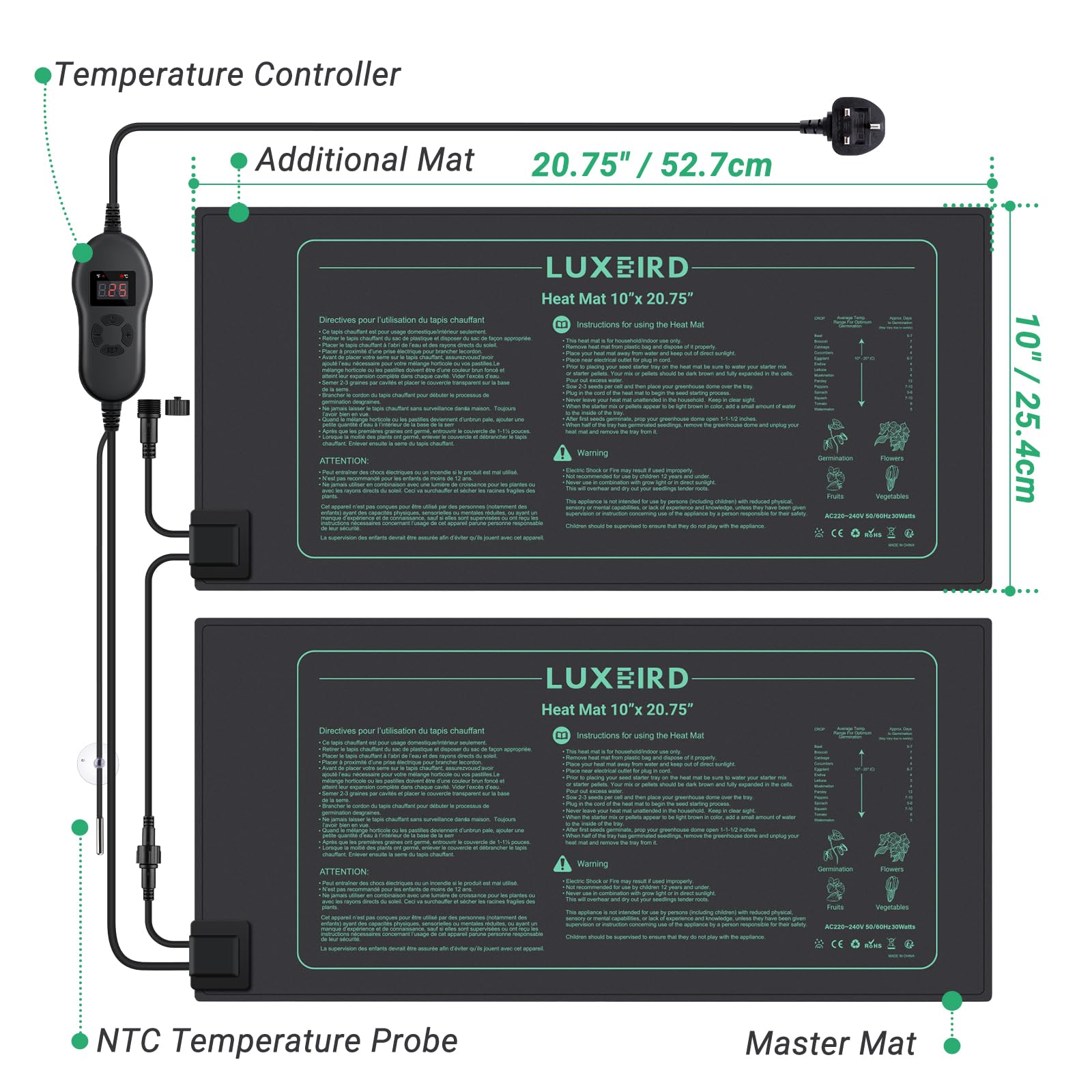 Luxbird 2-Pack Seedling Heat Mats with Digital Thermostat, 10" x 20.75"