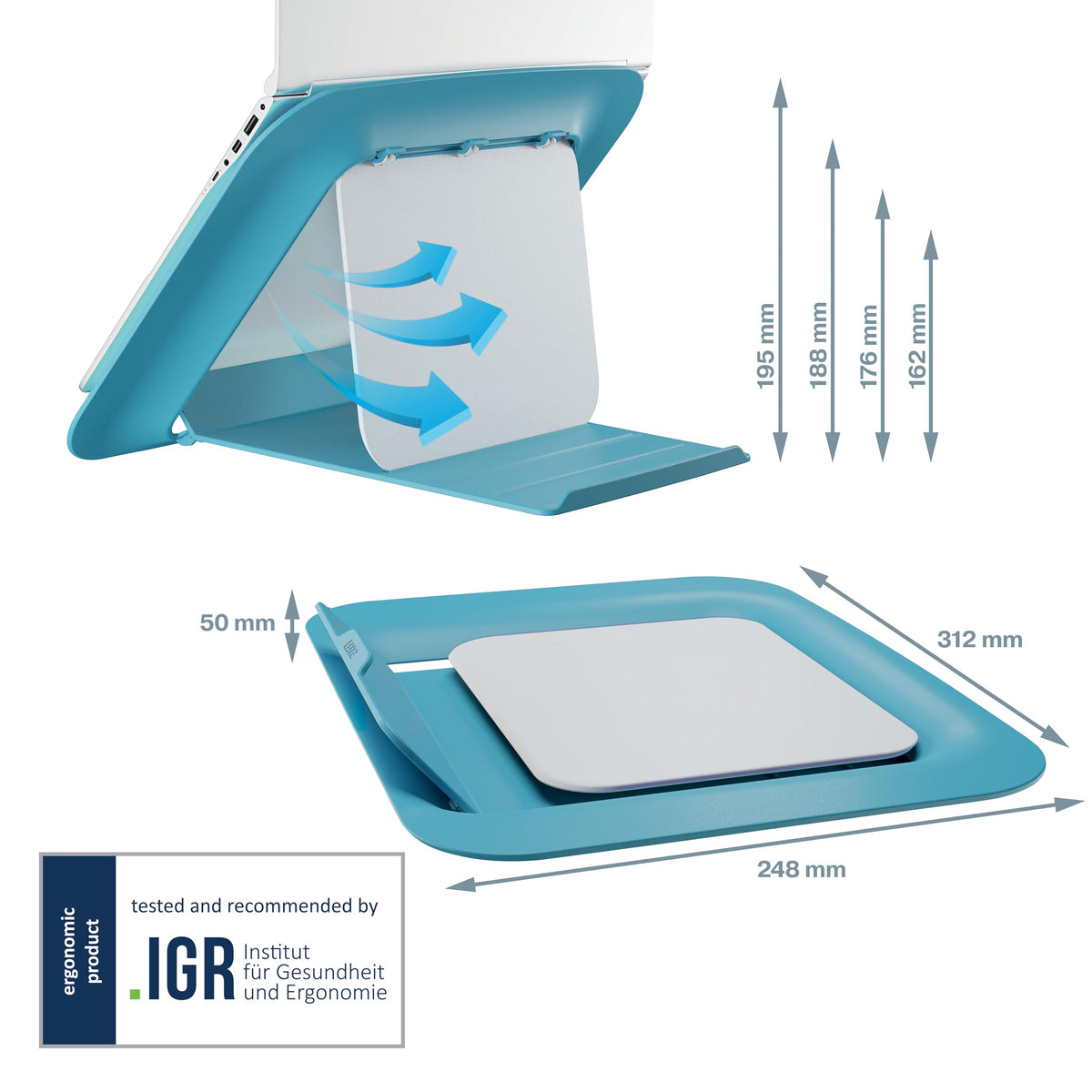 Leitz Adjustable Laptop Stand, Compact Laptop Holder With 4 Height Settings, 80% Recycled Plastic & 100% Recycable, Ergo Cosy Range, Calm Blue - image 5