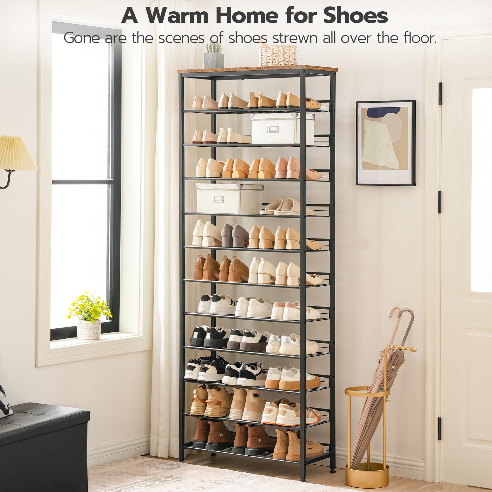 HOOBRO 12-Tier Tall Shoe Rack – Large Metal Storage Organizer, Rustic Brown