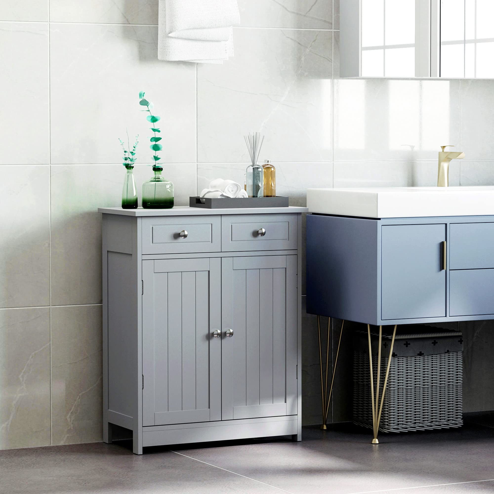kleankin Freestanding Grey Bathroom Storage Cabinet with 2 Drawers