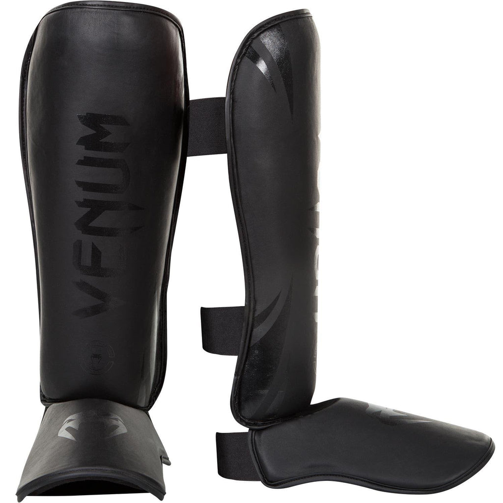 Venum Challenger Shin Guards – Skintex Leather Muay Thai Gear – Matte Black