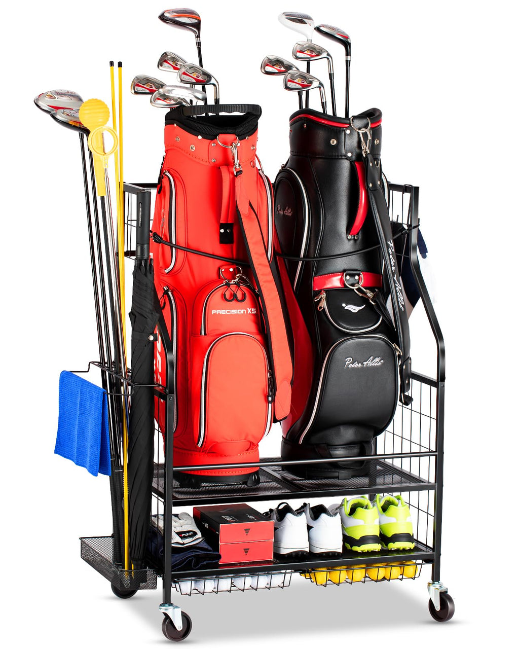 EXTCCT Golf Bag Storage Garage Organizer | Mobile 2-Bag Steel Rack