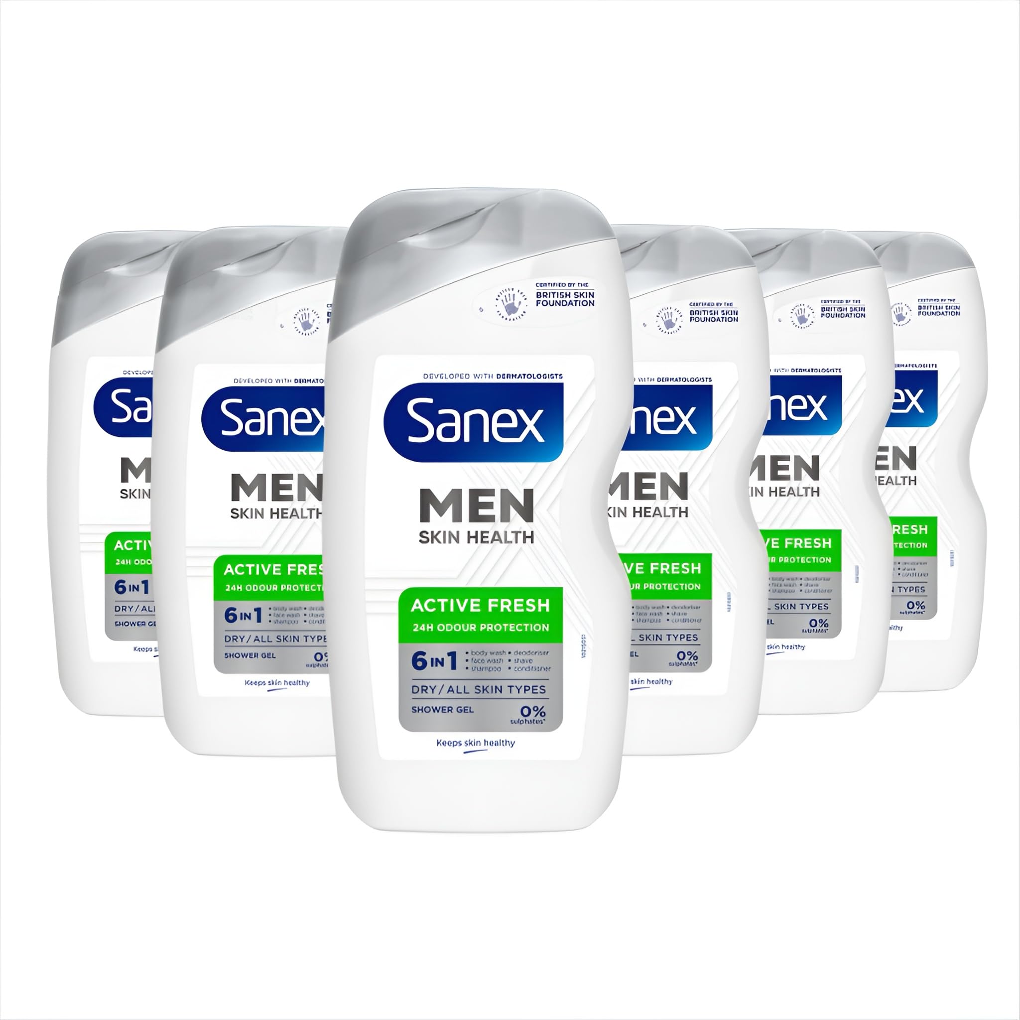 Sanex Men Active Fresh Shower Gel – 6-in-1 Body Wash for Dry Skin (6x400ml)