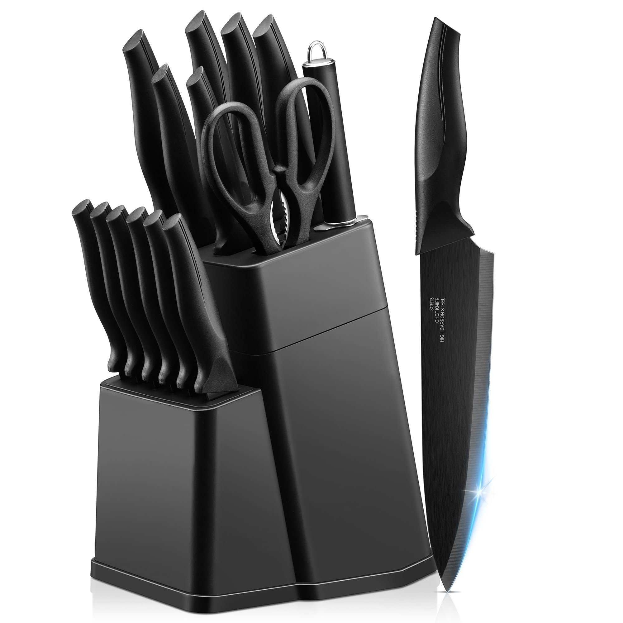 Joyfair 15-Piece Kitchen Knife Block Set – Carbon Stainless Steel, Black
