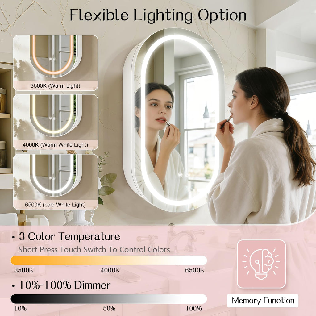 Janboe Oval Mirror Cabinet with Light,41×71cm,3 Colors&Dimmer,Defogger,Internal LIghting,Powerer Coating Iron,USB Shaver Socket,White - image 2
