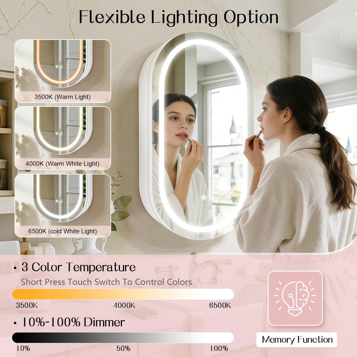 Janboe Oval Mirror Cabinet with Light,41×71cm,3 Colors&Dimmer,Defogger,Internal LIghting,Powerer Coating Iron,USB Shaver Socket,White - image 2