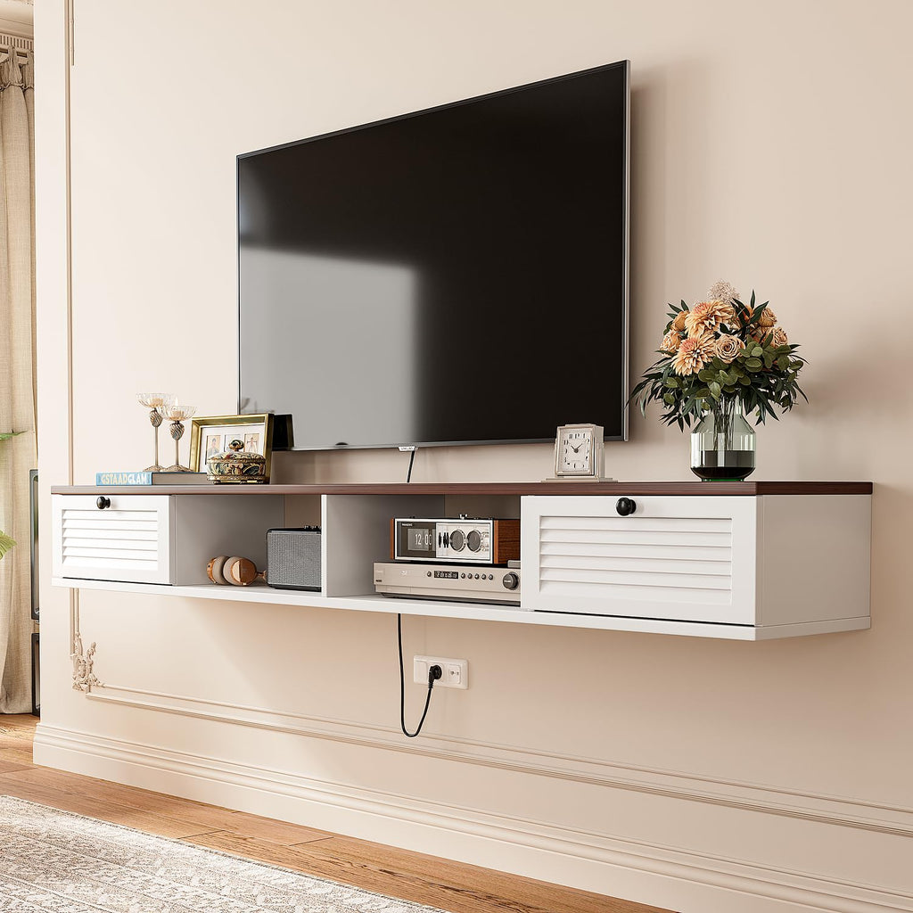 FloatiCasa 140cm Walnut & White Floating TV Unit, 2 Doors & 2 Open Cabinets - image 1