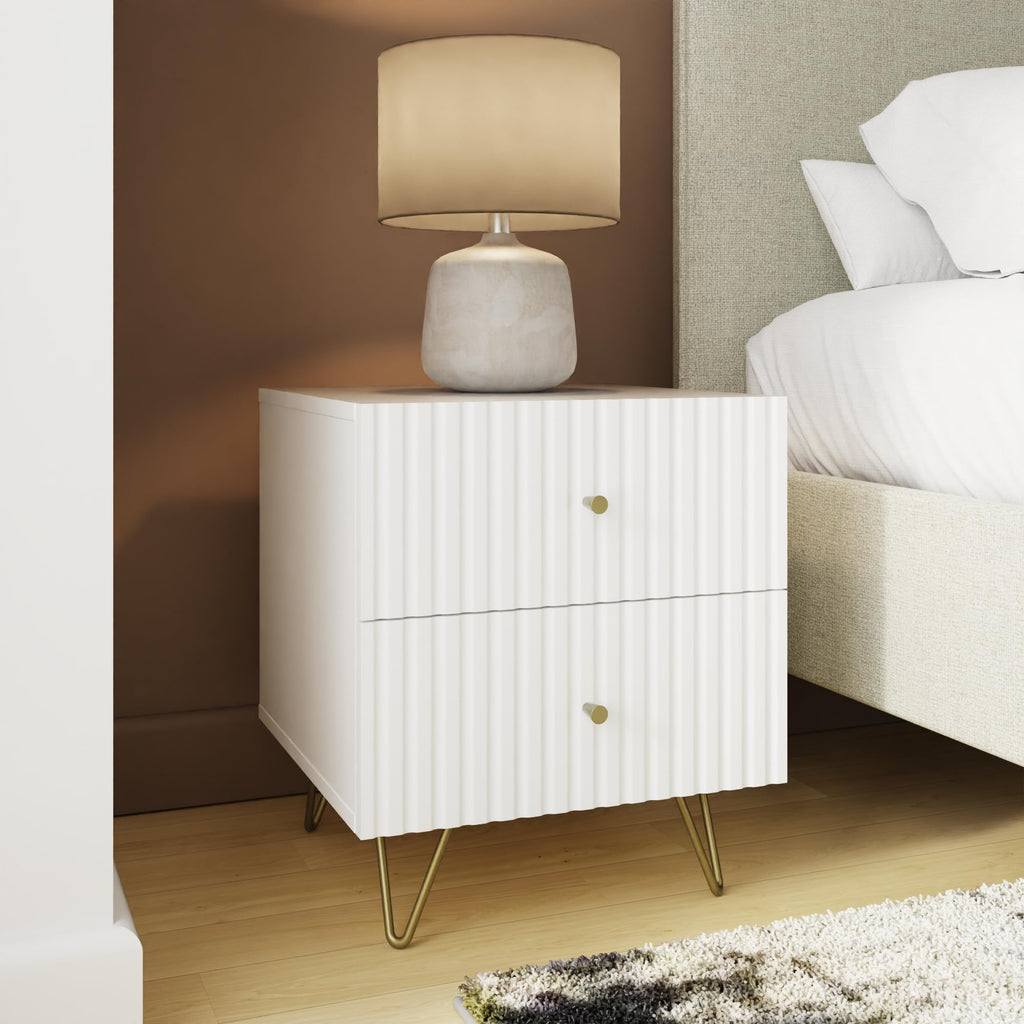 GFW Thalia 2 Drawer Bedside Table, Modern White Nightstand with Textured Finish & Hairpin Legs - image 2