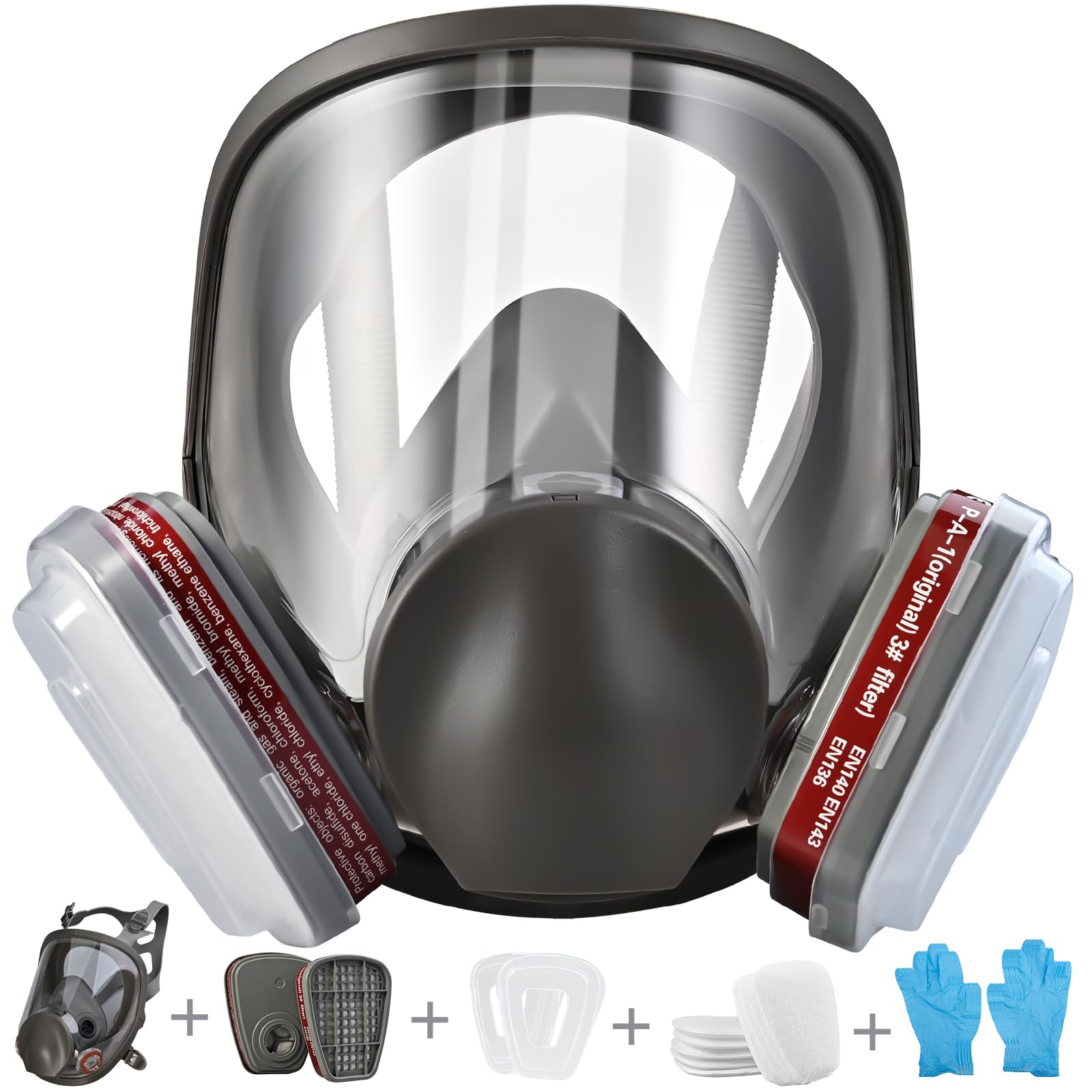 Faburo Full Face Gas Mask Respirator Kit with 10 Filters & 5 Gloves