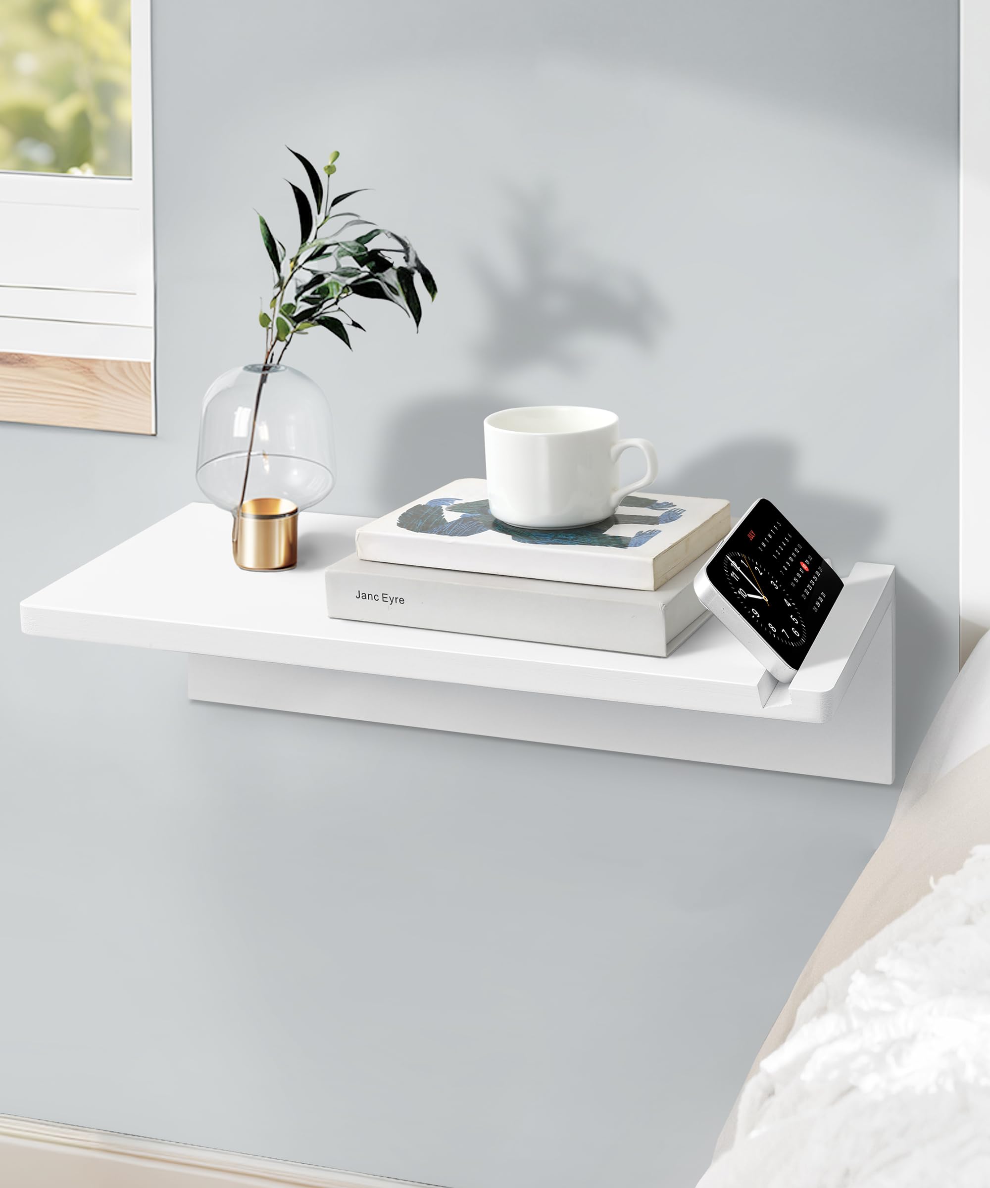 Mazjoaru Floating Bedside Table | White Pine Wood Wall Shelf 40x20cm