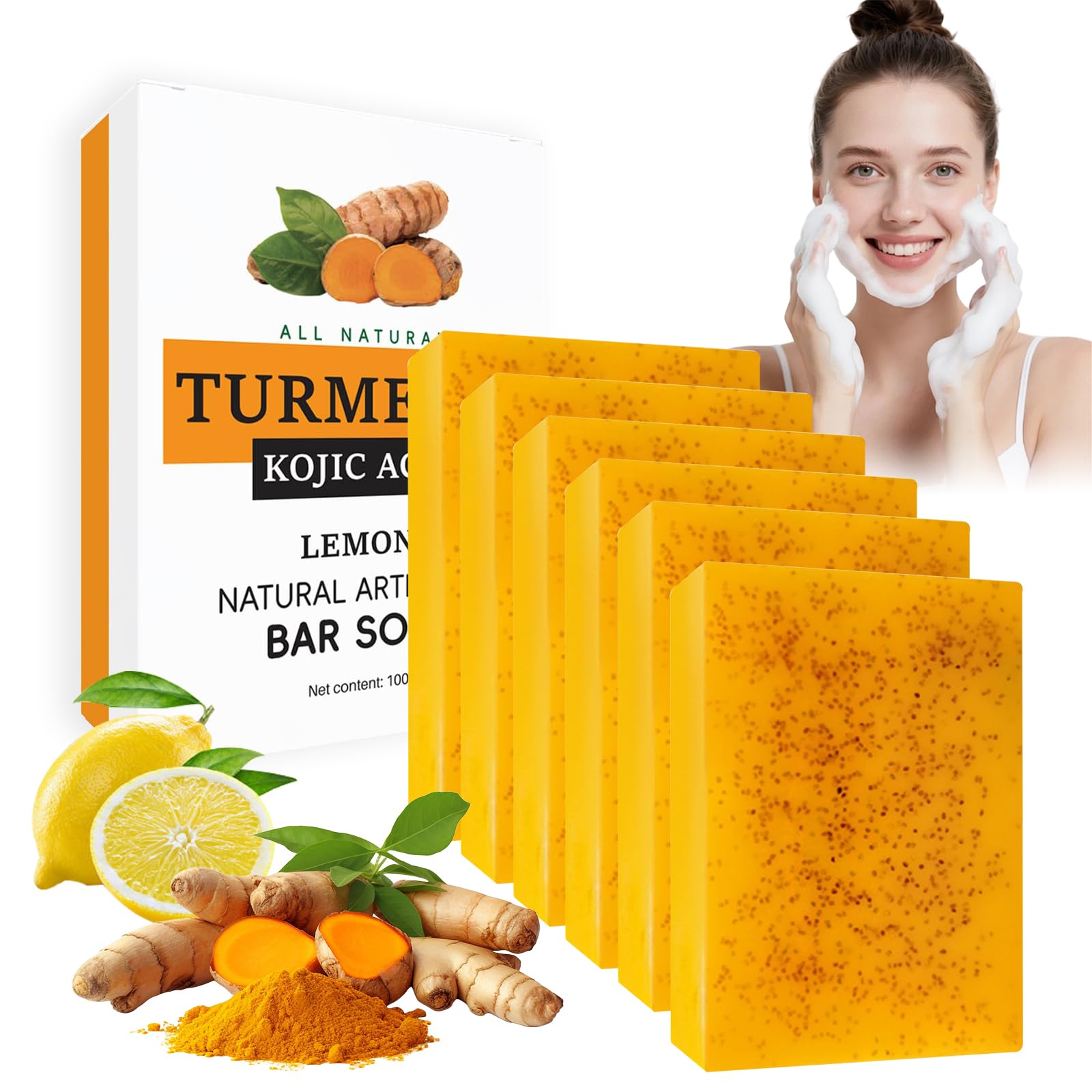 Turmeric & Kojic Acid Soap Bar - 6 Pack with Foaming Nets