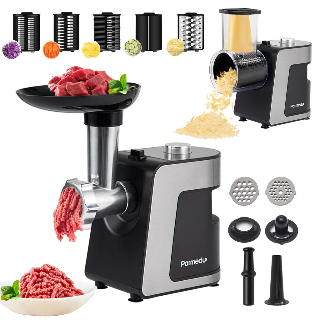 Parmedu 2-in-1 Electric Cheese Grater & Meat Grinder with 12 Attachments