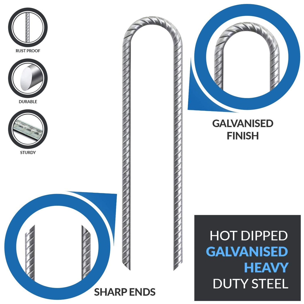 G&B Heavy Duty Galvanized Steel Rebar Stakes | 12-Inch U-Shaped Ground Anchors