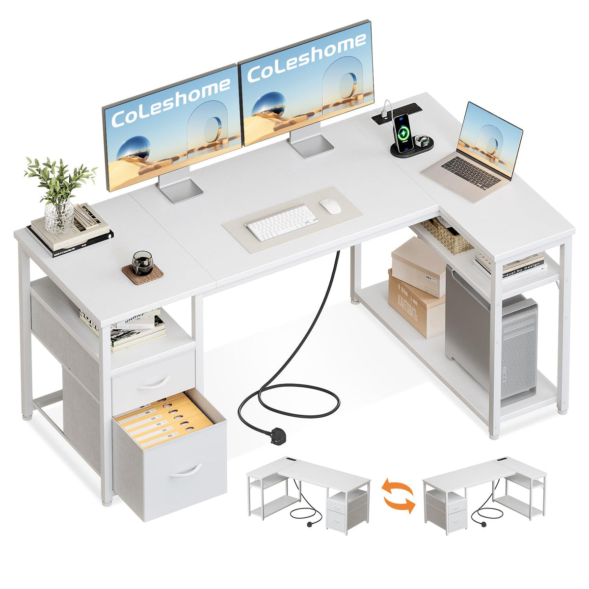 Coleshome Corner Computer Desk with Drawers and Shelves, 140×80 cm, White - image 1