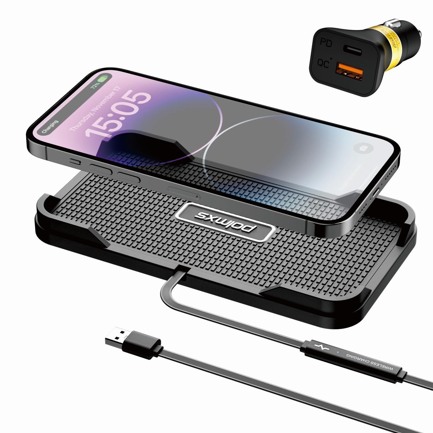 Polmxs 15W Fast Wireless Car Charger Pad with 40W PD & QC3.0 Adapter